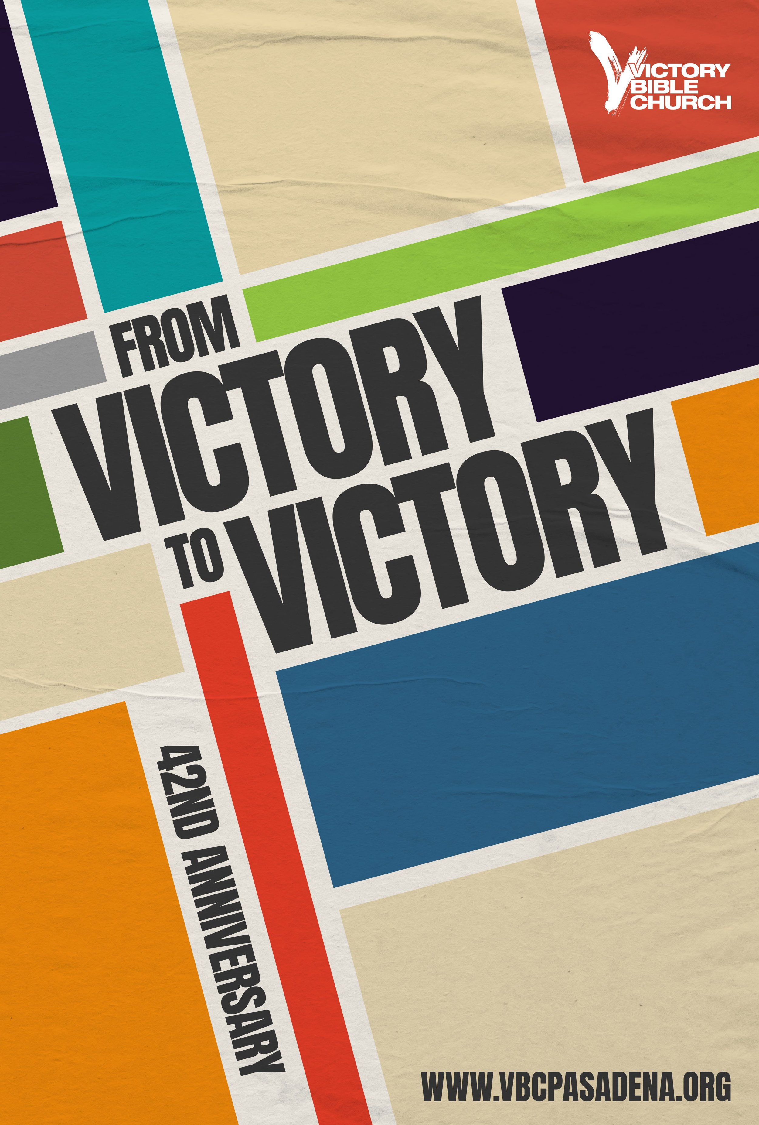 Celebratory poster for Victory Bible Church's 42nd anniversary with colorful geometric shapes and bold black text, featuring the event date and website