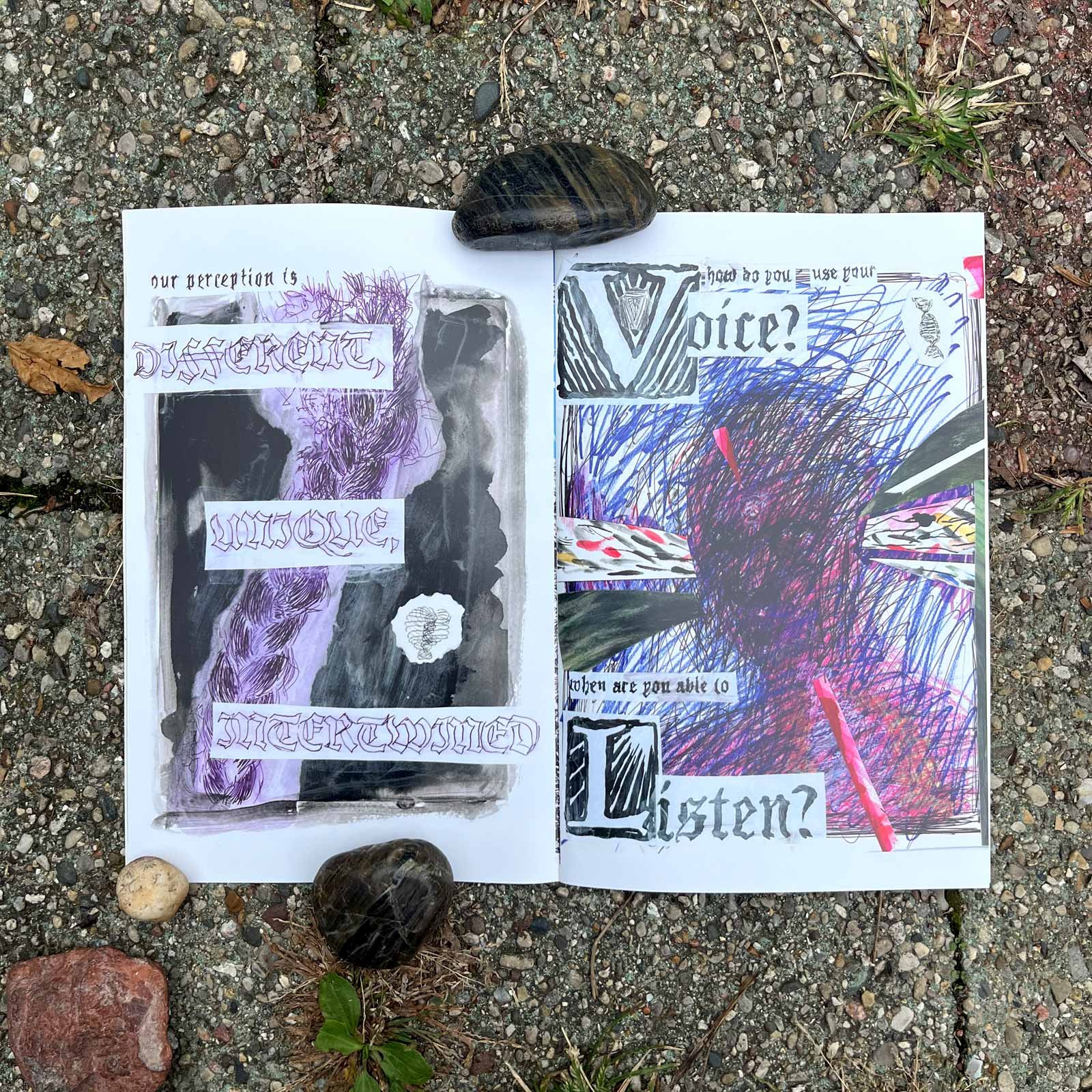 Spread from "QUESTIONS FOR THE DARK AGES" zine.