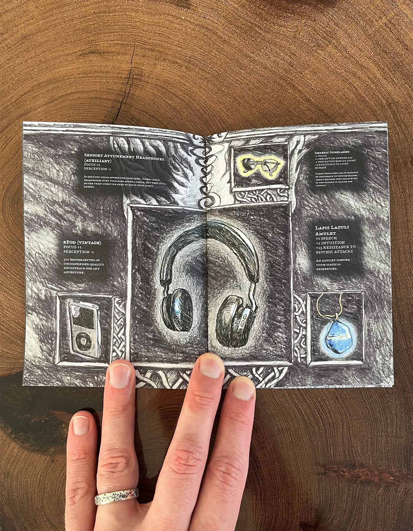 ds-embree_esoteric-artist-illustrator--portraits-zines-animal-portraits_zine_inventory_spread_headphones-amulet-sunglasses-ipod.jpg