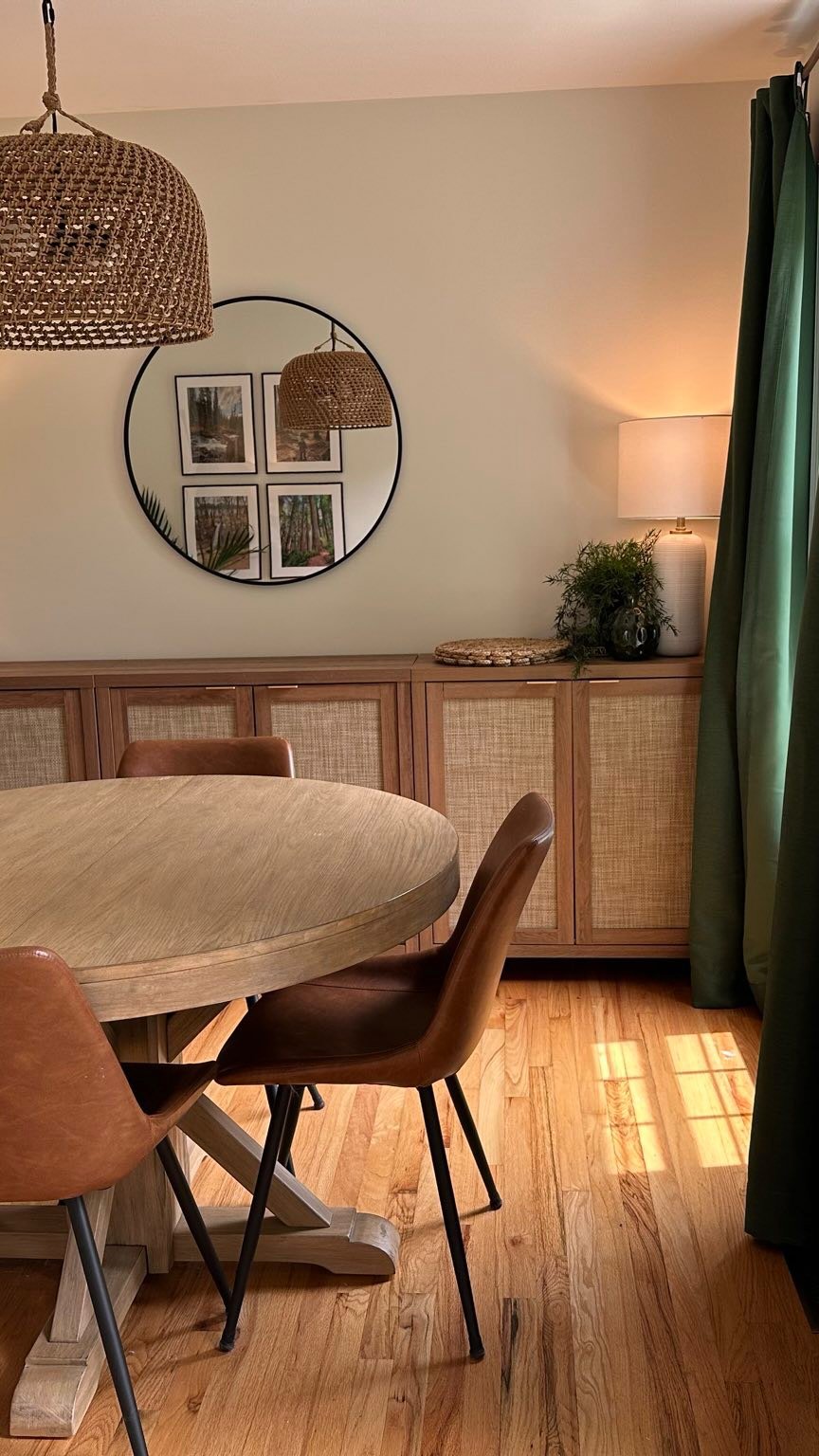 A peaceful, practical space with heart and purpose. ✨
We transformed this toy room into a warm, welcoming dining space where the family can gather, share meals, and still keep playtime close by. Earthy neutrals and rich green accents bring depth and