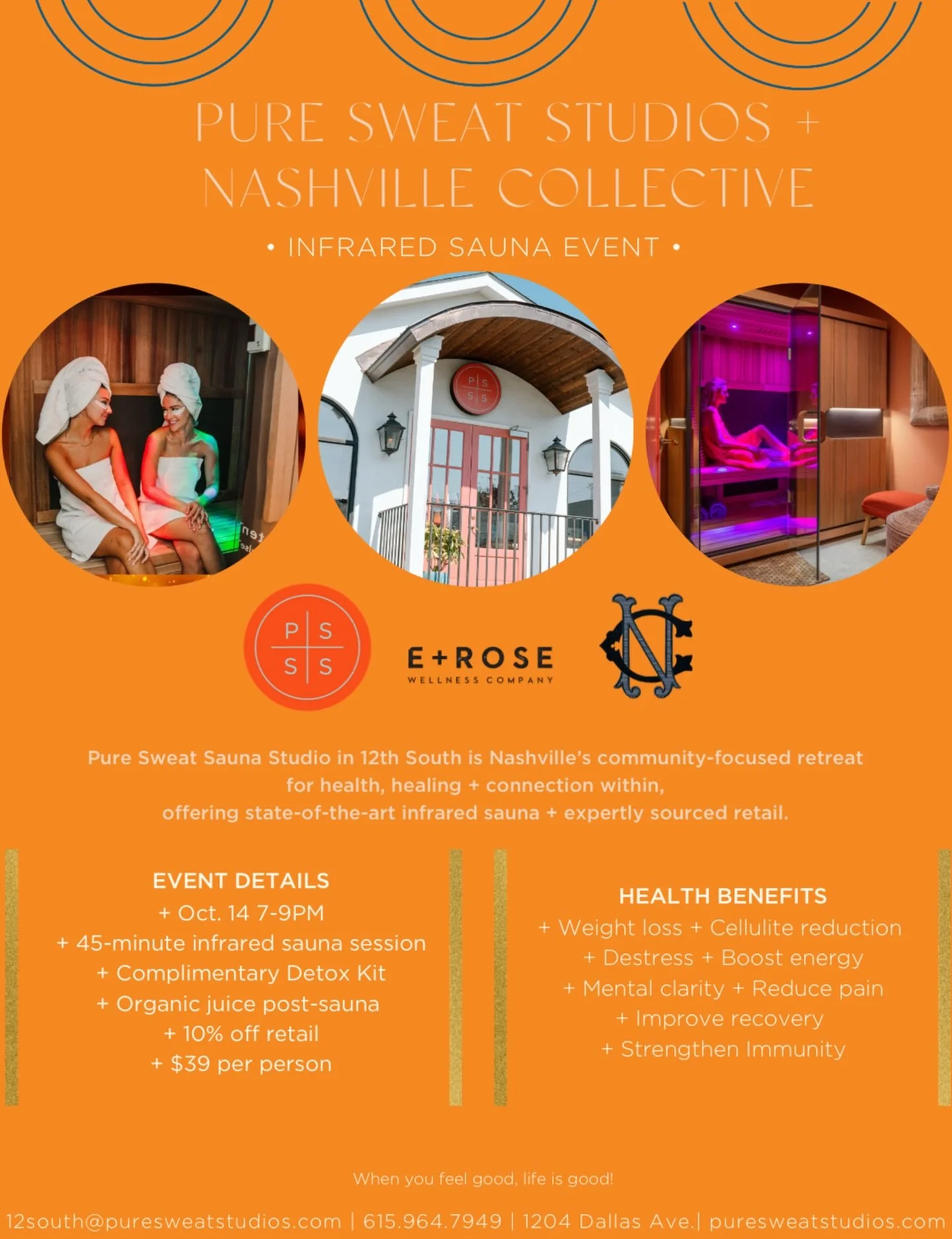 ✨ Infrared Sauna Night ✨

Join us at @puresweatnashville on Oct. 14th, 7&ndash;9PM for a wellness evening in partnership with Nashville Collective + E+ROSE 🌿

What&rsquo;s included:
🔥 45-min infrared sauna session
🥤 Organic juice post-sauna
🎁 Com