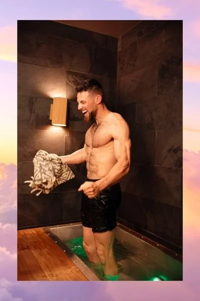 man excited getting out of cold plunge