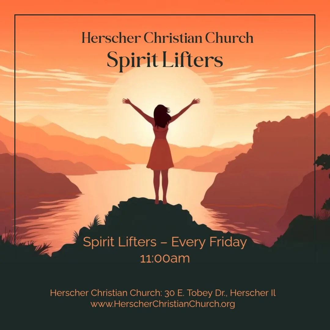 An illustrated poster for Herscher Christian Church's Spirit Lifters event, featuring a woman with arms raised, standing on a rock at sunset over mountains and a river.
