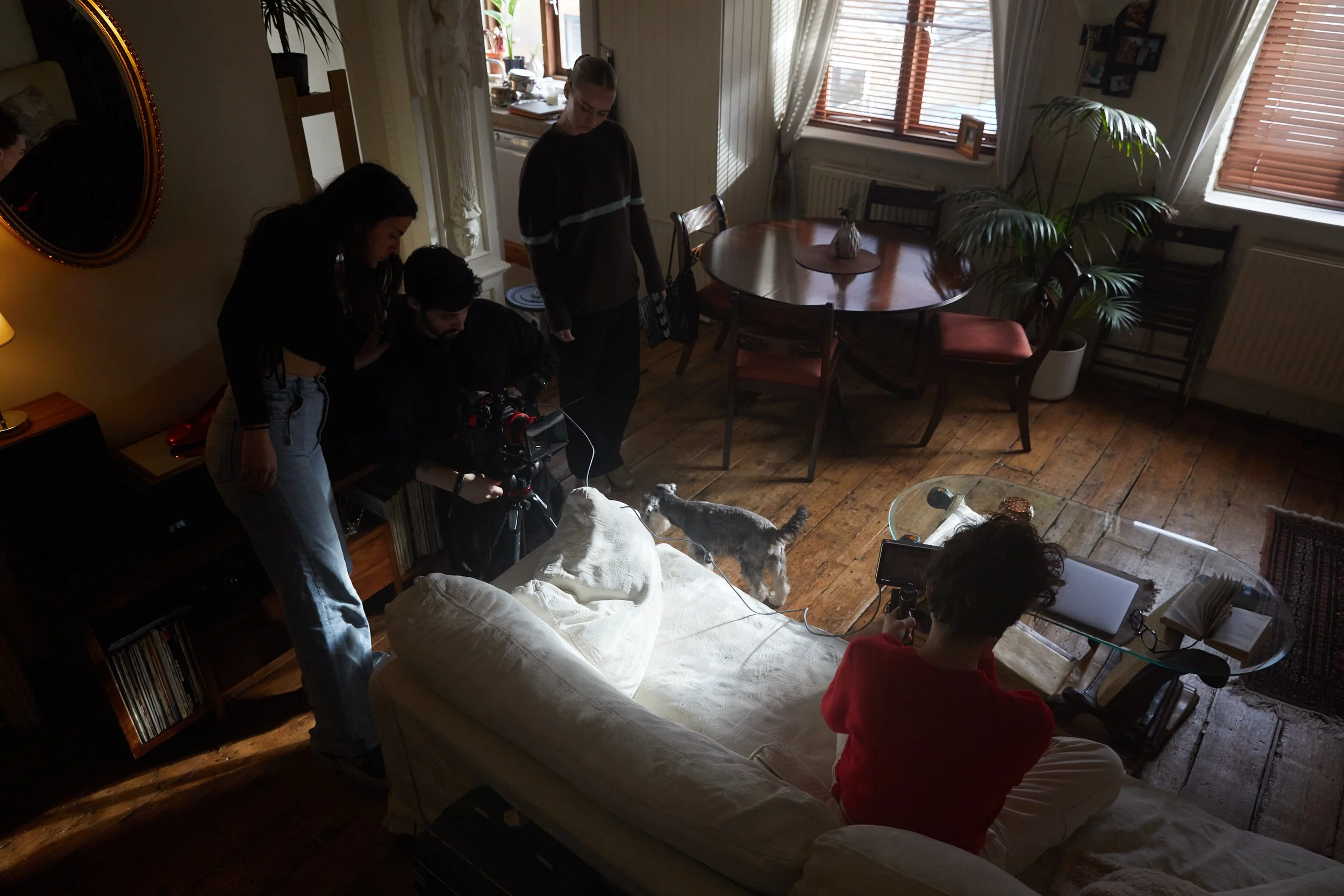 A film crew films a scene in a cozy living room with wooden floors, a white couch, and a round dining table. The scene includes a woman sitting on the couch holding a film slate, a man with a camera, two women standing nearby, and a small dog standin