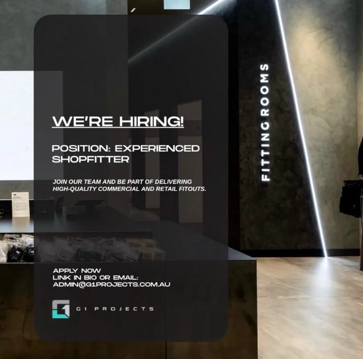 We&rsquo;re Hiring! 

G1 Projects is looking for Experienced Shopfitters and Leading Hands. 

Click the SEEK link in our bio to apply or email admin@g1projects.com.au