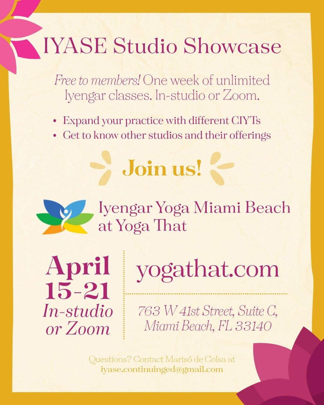 🌞 🤸&zwj;♂️ IYASE has the privilege of partnering with @yogathat in Miami Beach for our next studio showcase! Members can register to attend classes for free, either in-studio or on Zoom, from April 15-21. Relevant links will be in the &ldquo;Studio