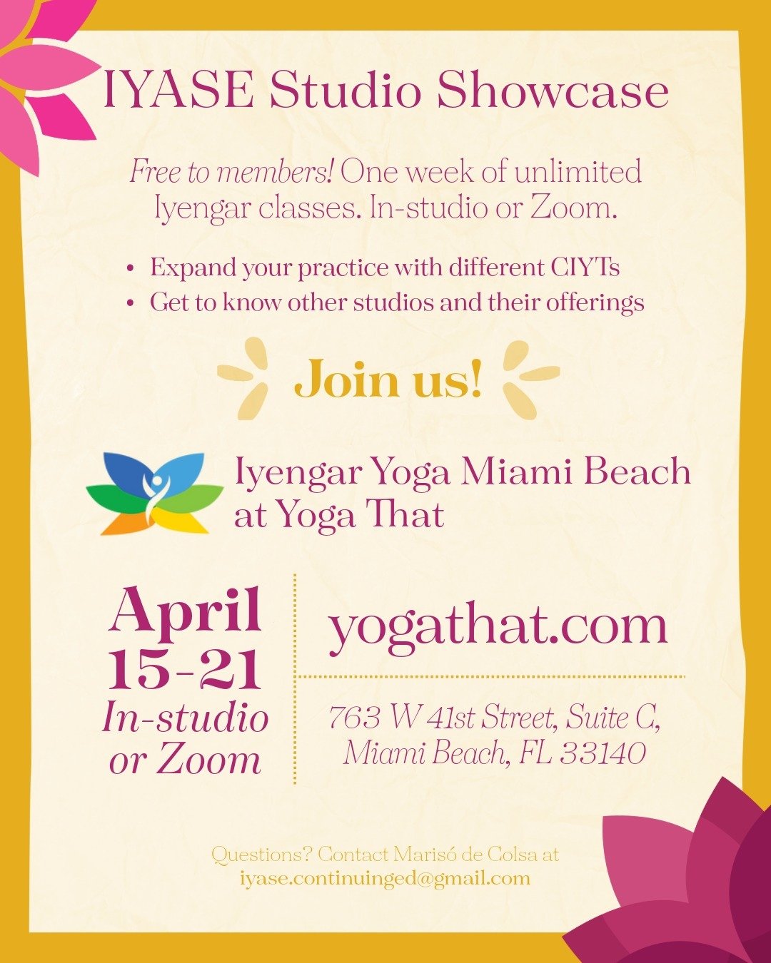 🌞 🤸&zwj;♂️ Mark your calendars! Our studio Showcase with @yogathat in Miami Beach starts on Monday! Members, be on the lookout for an email with registration instructions on the 14th. Members can register to attend classes for free, either in-studi