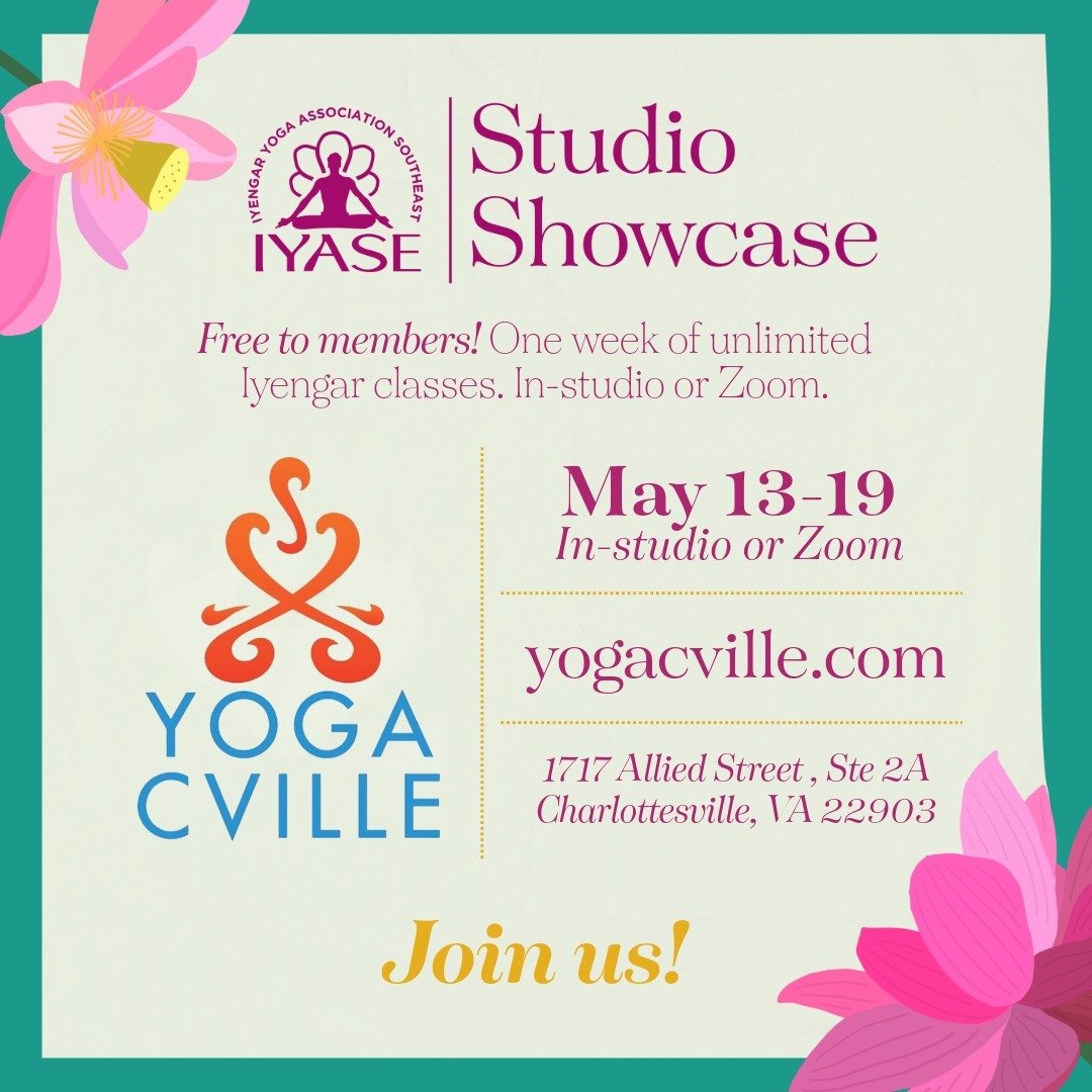 Officially announcing our next studio showcase with @yogacville 🎉 !! 
Members of IYASE can sign up for 
-FREE classes held from May 13-19, both online and in-person in the Charlottesville, VA area!
-Additional information will be in our &quot;Studio
