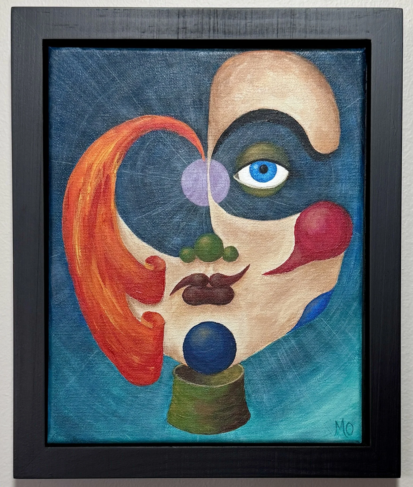 Abstract painting features a human face with one blue eye, surrounded by colorful circles and shapes, framed in black.