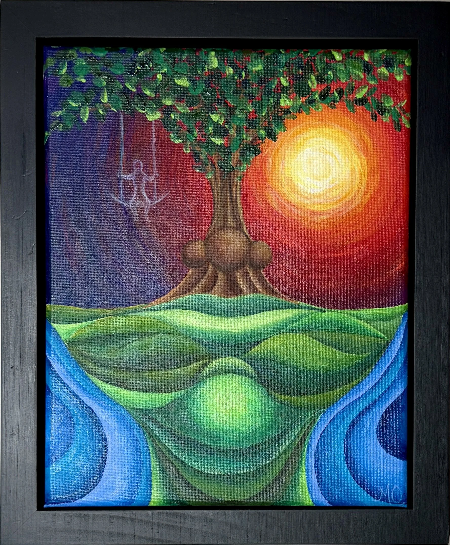 Colorful painting of a tree with green leaves against a vibrant background transitioning from purple to yellow and blue. The tree has a thick trunk with roots extending downwards, and a background with swirling patterns suggestive of a sunset or sunrise.