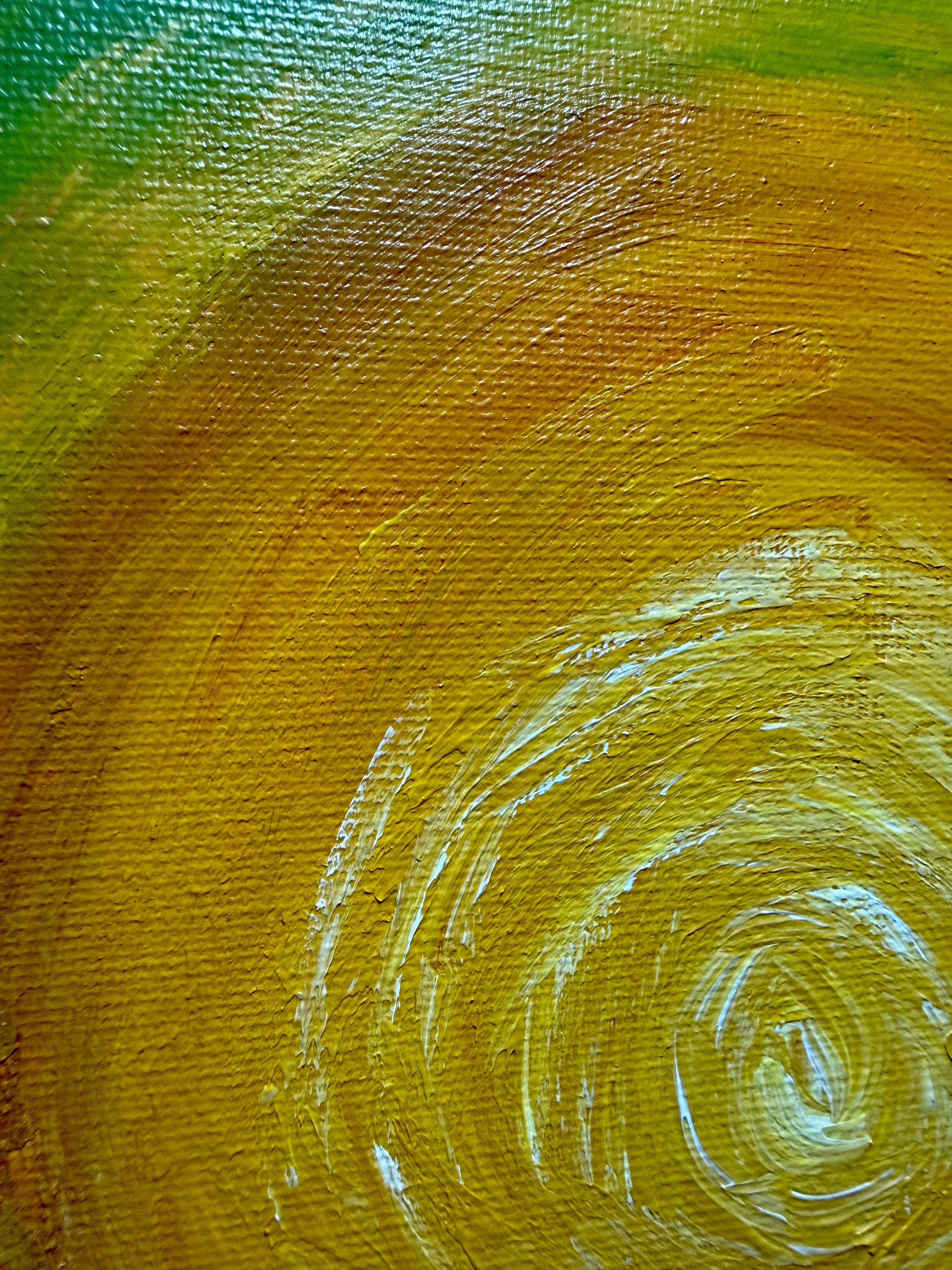 Close-up of an abstract painting with vibrant yellow and green colors, featuring white swirl brushstrokes and textured acrylic paint.