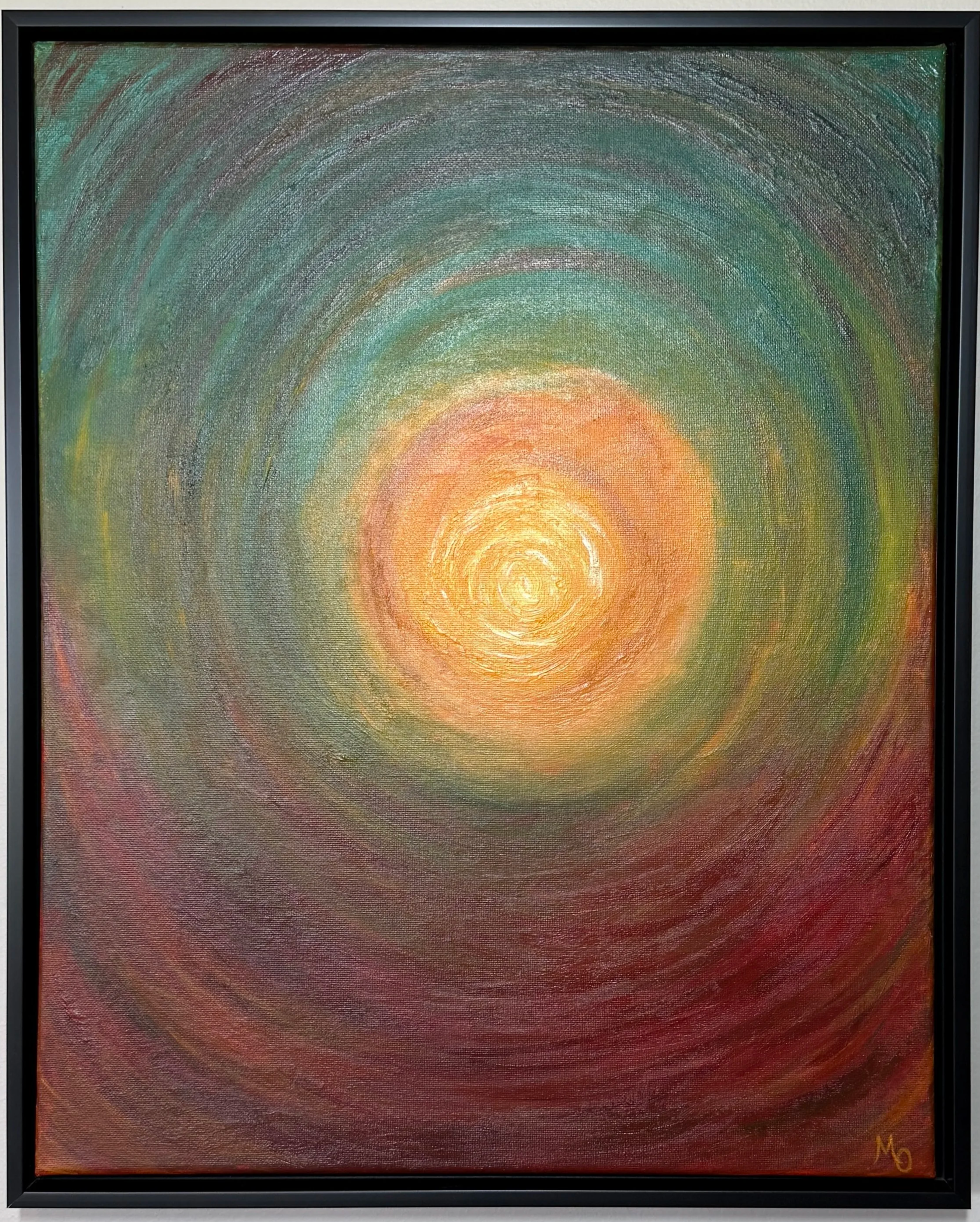 Abstract painting with swirl patterns radiating outward from the center in shades of yellow, orange, green, blue, and red, framed in black.