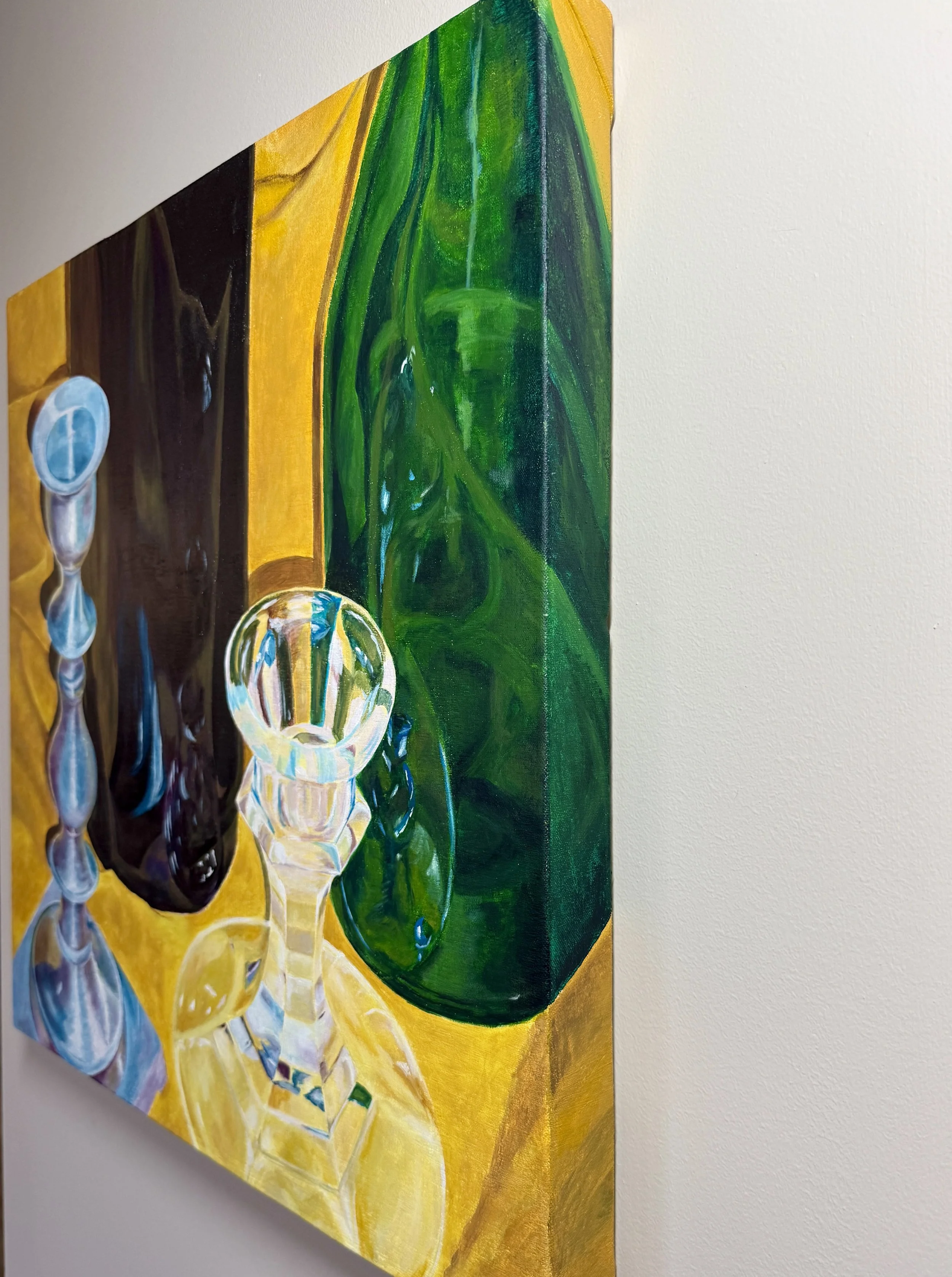 A colorful still life painting featuring a crystal glass, a bottle of wine, and a green potion bottle on a yellow background.
