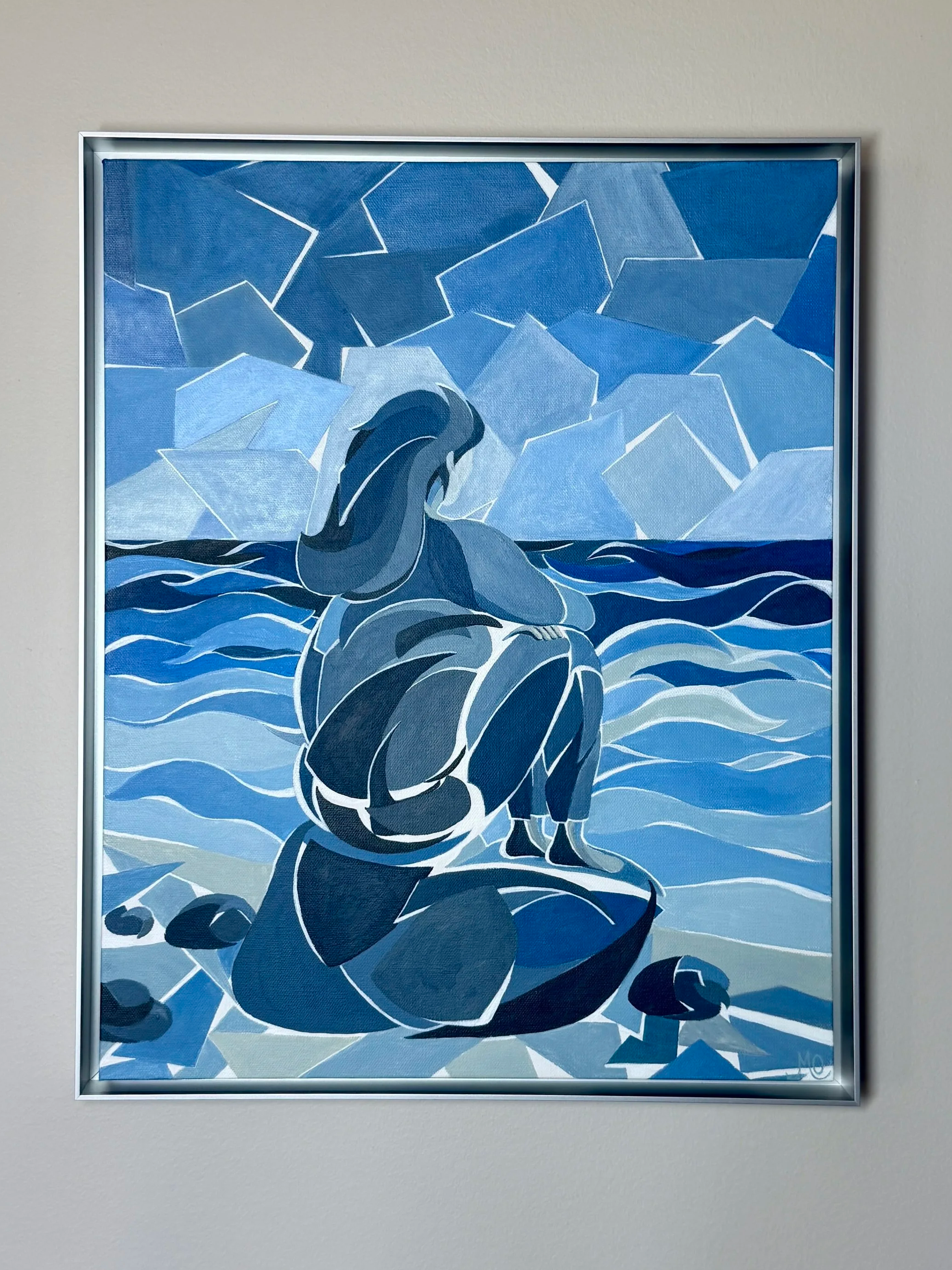A painting of a person in a kayak or canoe on water, surrounded by large icebergs or ice formations, rendered in shades of blue and white.