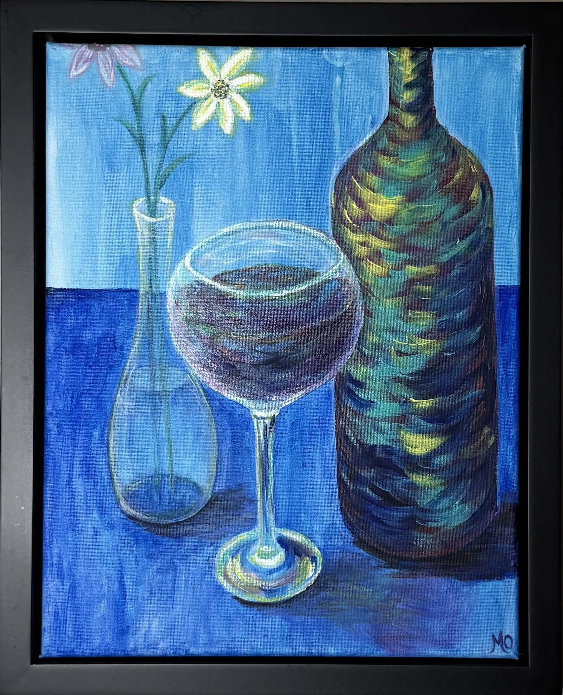 A colorful still life painting of a flower in a tall, narrow vase, a glass of red wine, and a large, dark green and yellow striped bottle set against a vivid blue background.