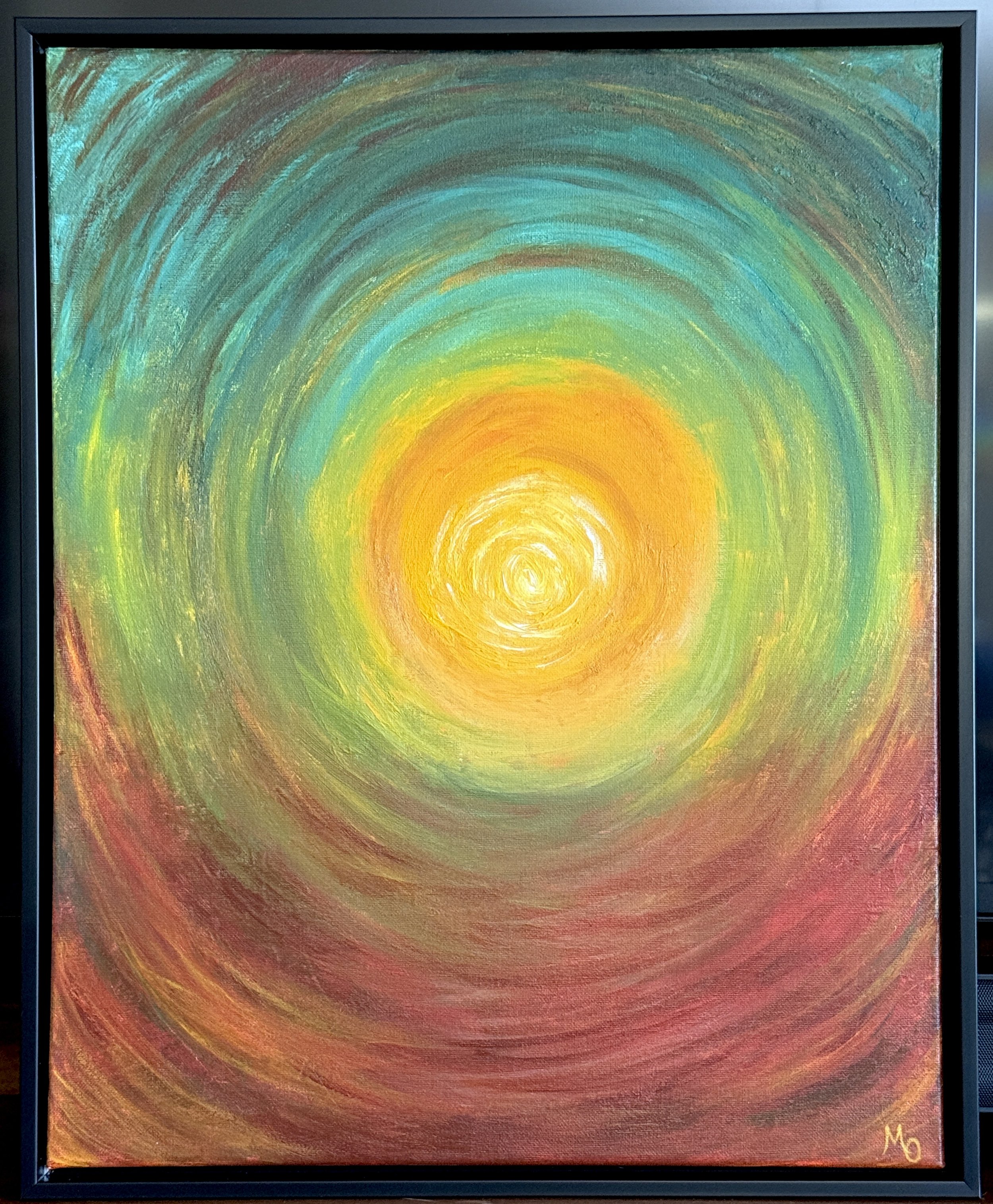 Abstract painting with a radiant sun in the center, surrounded by concentric circles in shades of yellow, green, blue, and red.