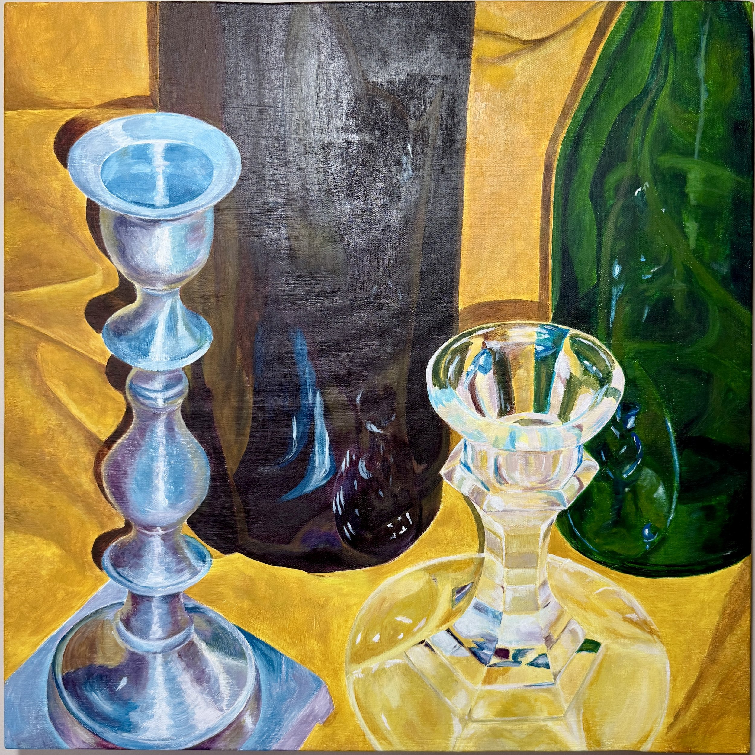 A still life oil painting of a blue and white goblet on a yellow surface, with a dark background and a green plant on the right side.