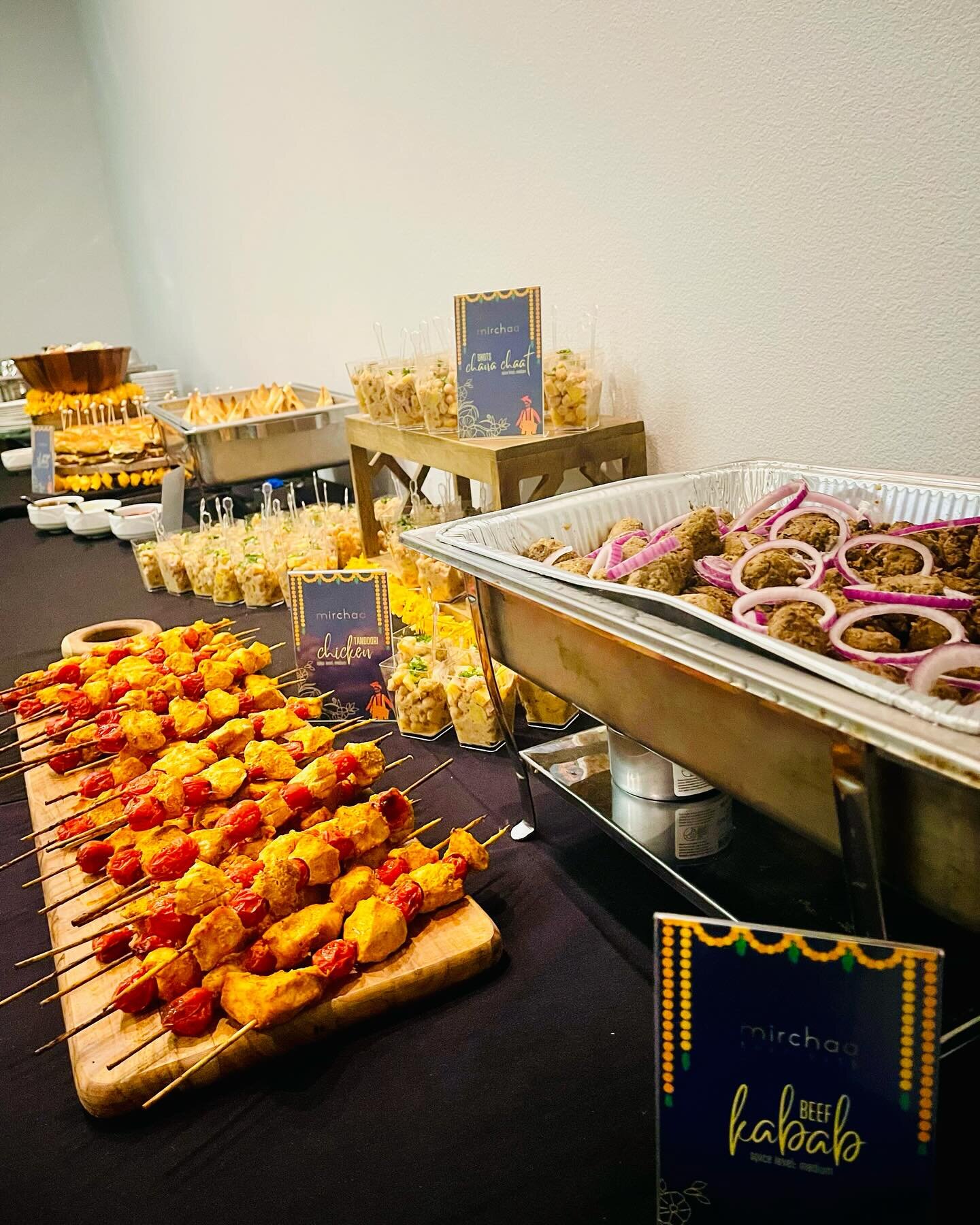 Small Bites. Big Flavor. Appetizers ✅ right at our latest event.  In pictures: Tandoori BBQ Chicken Skewers, Karachi Street Style Bun Kabab Sliders, Chana Chaat Shots, Potato Samosas, Seekh Kabab Bites. 
mirchaa.com/catering

#catering #indianfood #p