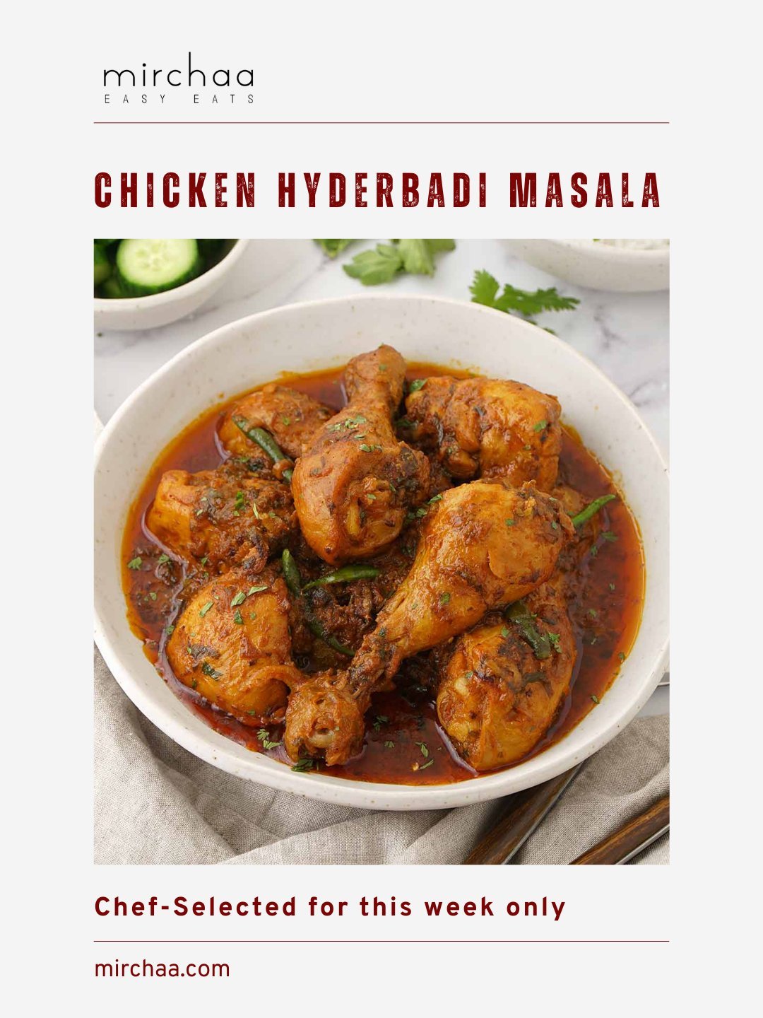 This week, our chef's pick is a flavorful Hyderabadi classic, slow-cooked with aromatic spices and a rich, savory sauce. Chicken Hyderabadi Masala, available to order at mirchaa.com

#ChefSelected #ReadyToEat #TampaFoodie #MealDelivery