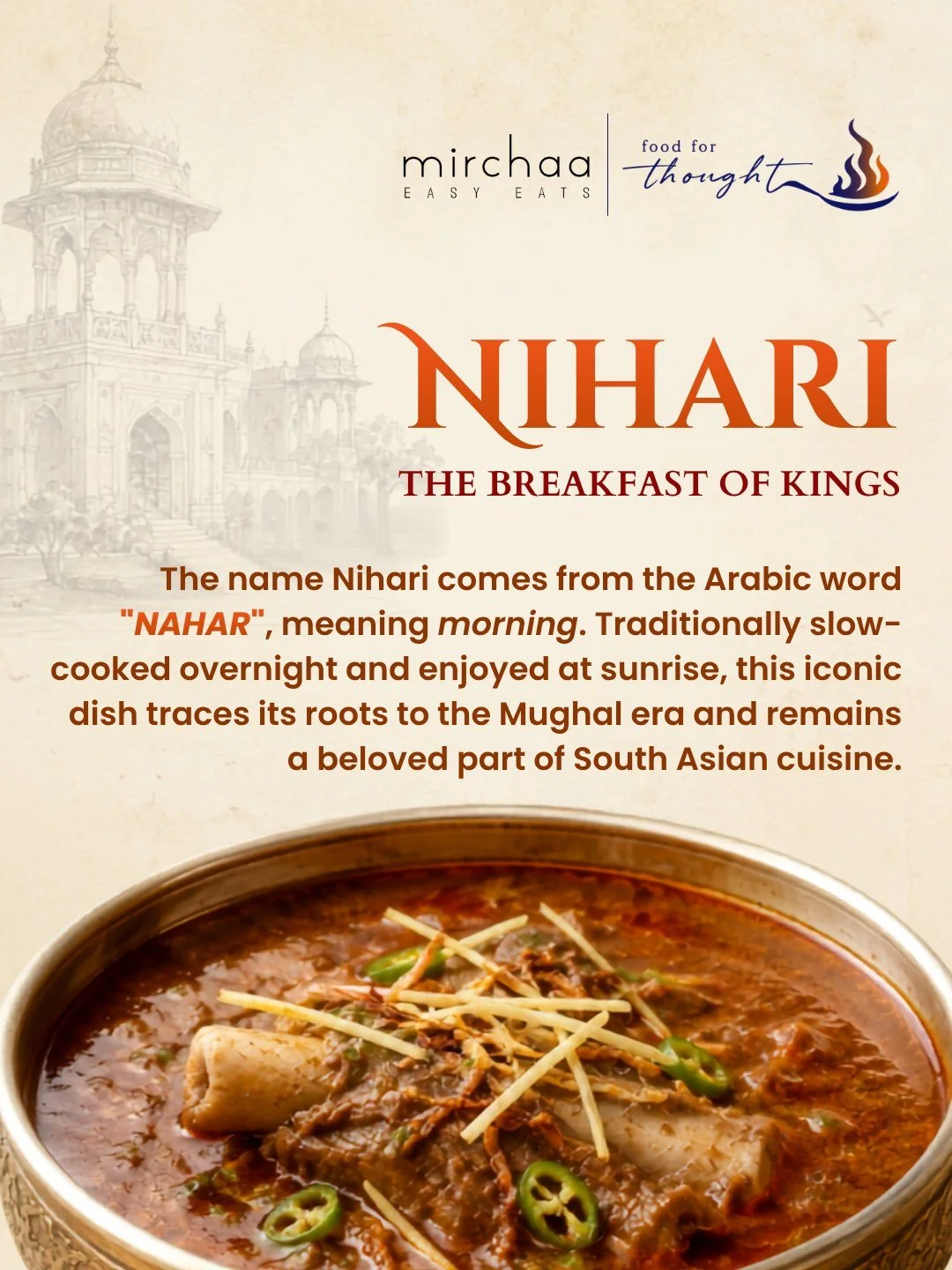 Nihari is believed to have originated during the Mughal era before becoming a beloved specialty in Delhi, Karachi, and Lahore. Slow-cooked overnight and traditionally served at sunrise, it remains one of the most iconic dishes in South Asian cuisine.
