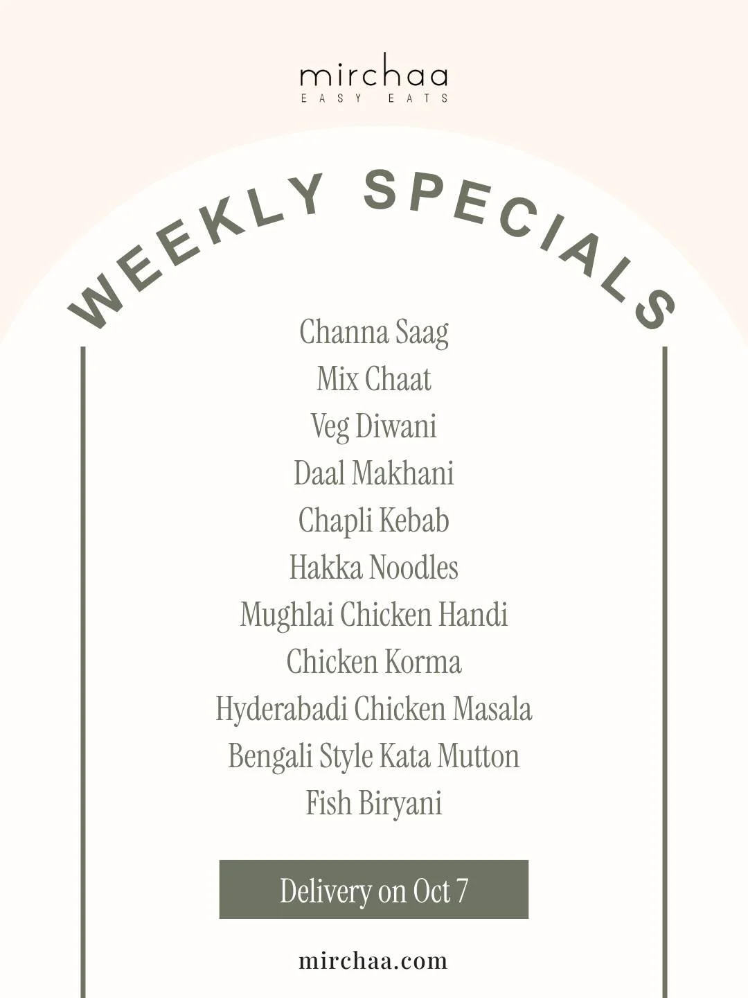 A delicious lineup of homestyle favorites, made fresh and ready to brighten your week.
Check out this week&rsquo;s menu and order by 3 pm on Sunday, Oct 4 at mirchaa.com.

#MealDelivery #SouthAsianFood #HalalMeals #WeeklyMenu #TampaFoodie
