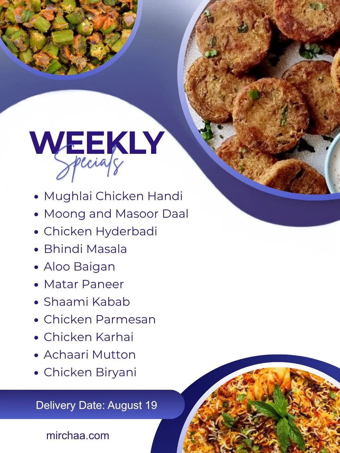 This week&rsquo;s menu is here. Homemade favorites, traditional flavors and comforting dishes for the week. Order before 3 pm on Sunday, Aug 16 at mirchaa.com 
#MealDelivery #SouthAsianFood #HalalMeals #WeeklyMenu #tampafoodie