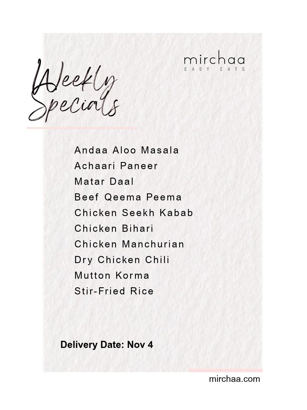 This week&rsquo;s Mirchaa menu is here to make meal planning easier and mealtimes more delicious. Order by 3 pm on Sunday, Nov 1 at mirchaa.com

#MealDelivery #SouthAsianFood #HalalMeals #WeeklyMenu #TampaFoodie