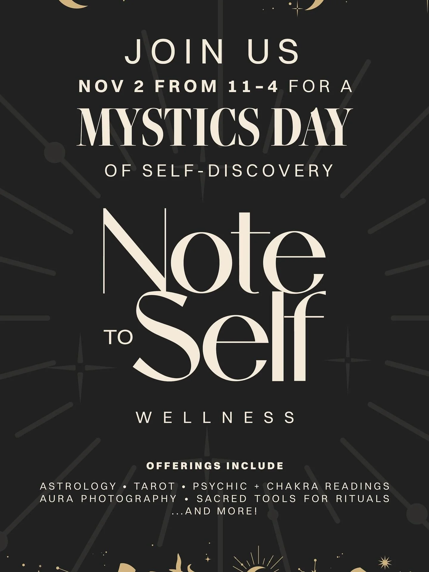 Mystics Day &ndash; Now Open for Booking! 💫Saturday, November 2 | 11 AM &ndash; 4 PM

Step into a radiant portal of self-discovery and cosmic connection for Mystics Day &mdash; a soul-nourishing gathering devoted to intuition, insight, and energetic