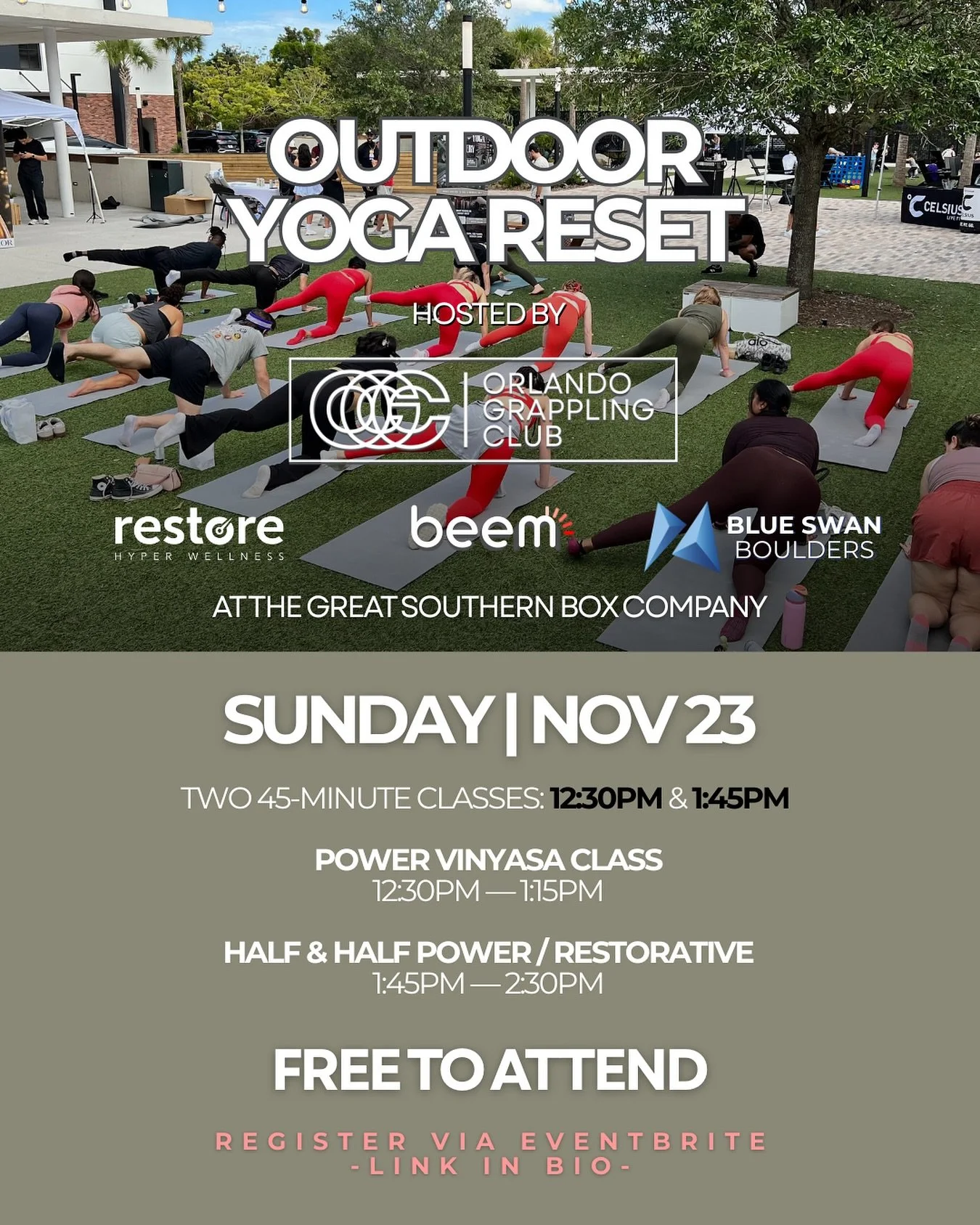 Join us outside at @gsbc.foodhall for an afternoon of yoga and wellness &mdash; two yoga sessions designed to help you move, breathe, and reset before the holidays.

🧘&zwj;♀️ Power Vinyasa Flow
🌿 Restorative Reset

Plus local wellness vendors:
@rhw