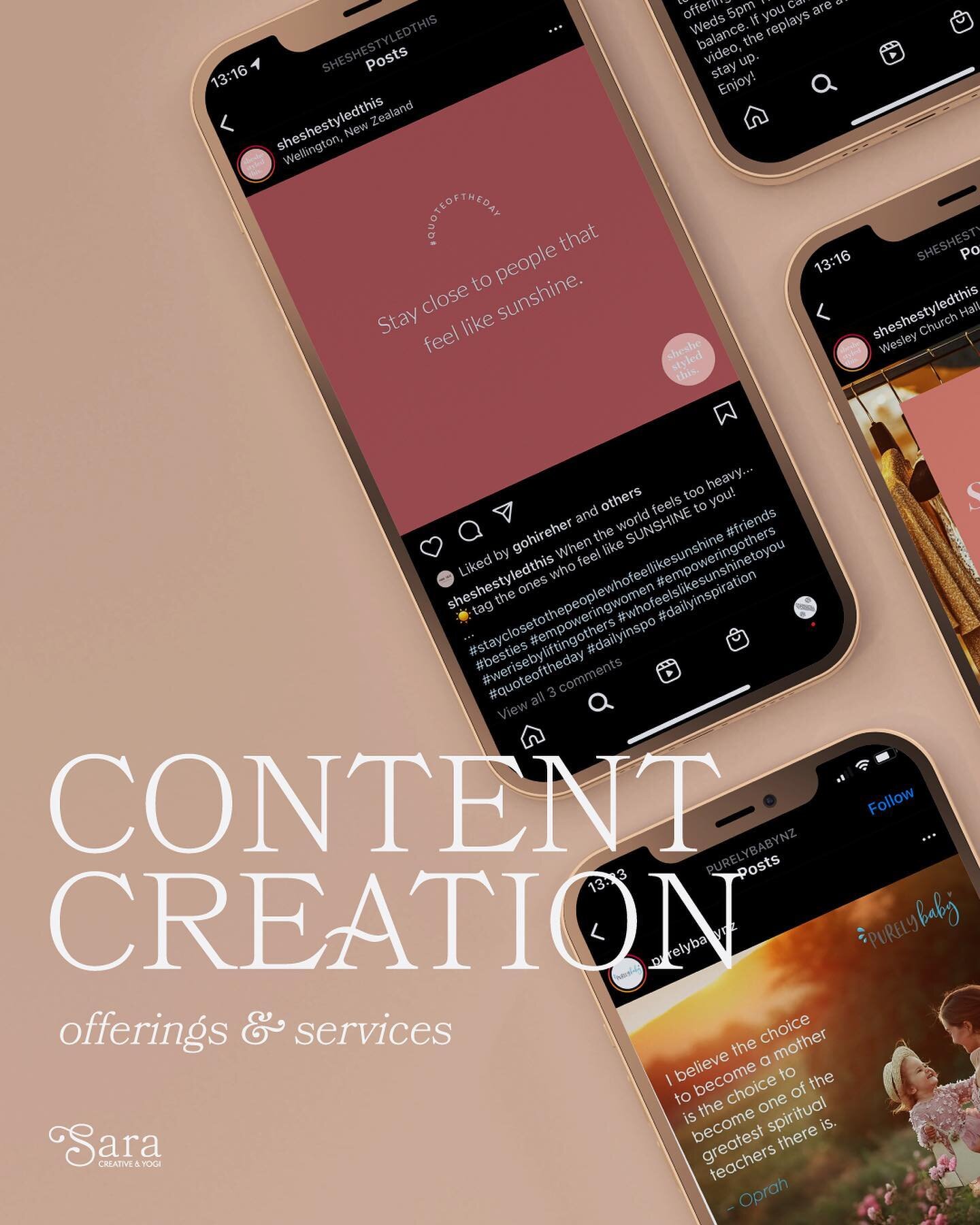 CONTENT CREATION offerings &amp; services by me Sara ~ swipe to learn + see more ➭

With this offering &amp; service I can help you &amp; your biz with social media management &amp; design of posts, stories + reels &amp; design of digital assets such