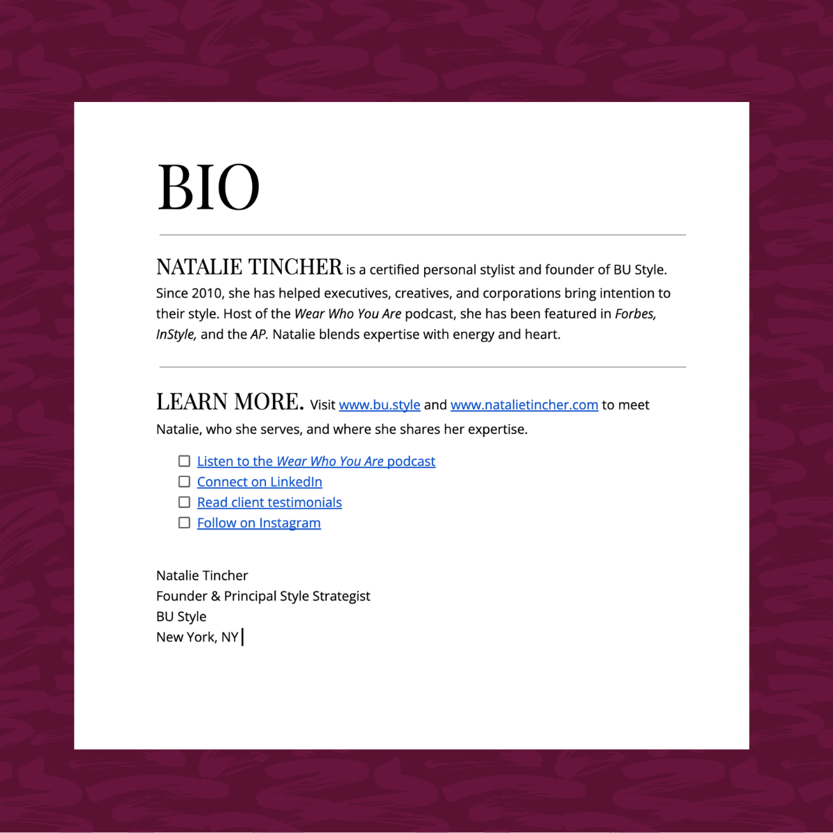 Thumbnail for Natalie's bio, framed by burgundy