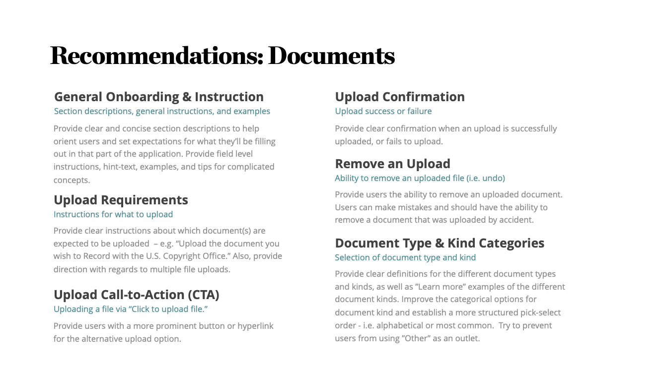 Recommendations: General On-boarding & Instruction • Upload Requirements • Upload Confirmation • Remove an Upload • etc.