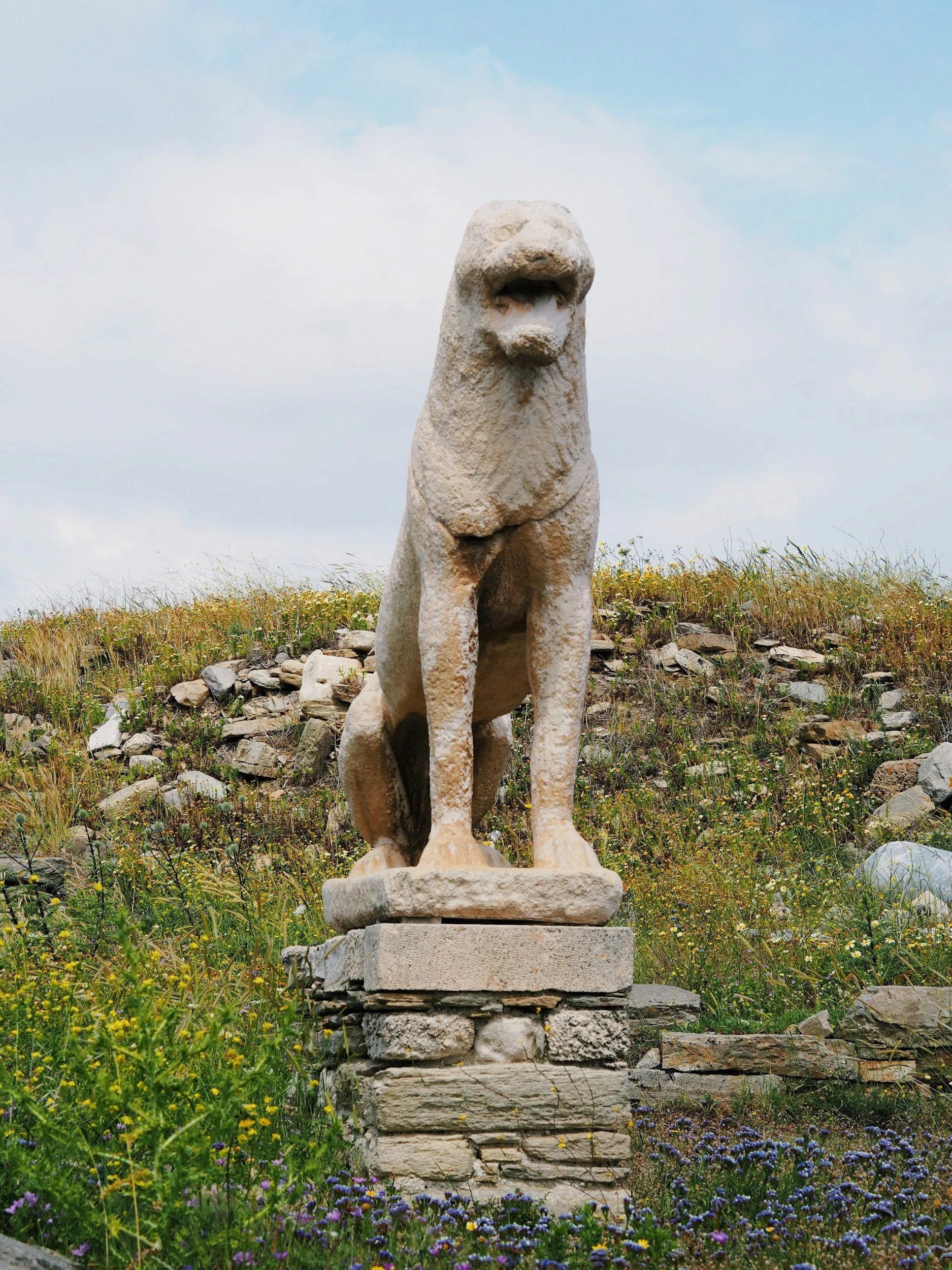 Ancient marble lion statue from the Terrace of the Lions on Delos Island, Greece — a sacred site in Greek mythology known as the birthplace of Apollo and Artemis