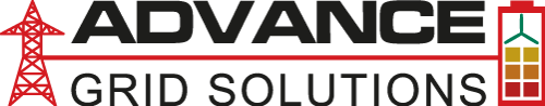 Logo for Advance Grid Solutions with a red electricity transmission tower and an electricity gauge icon.