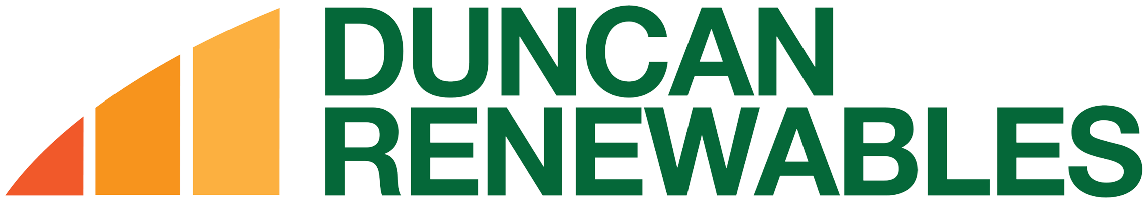 A logo for Duncan Renewables featuring a stylized bar chart in orange and yellow, with the company name in bold green letters.