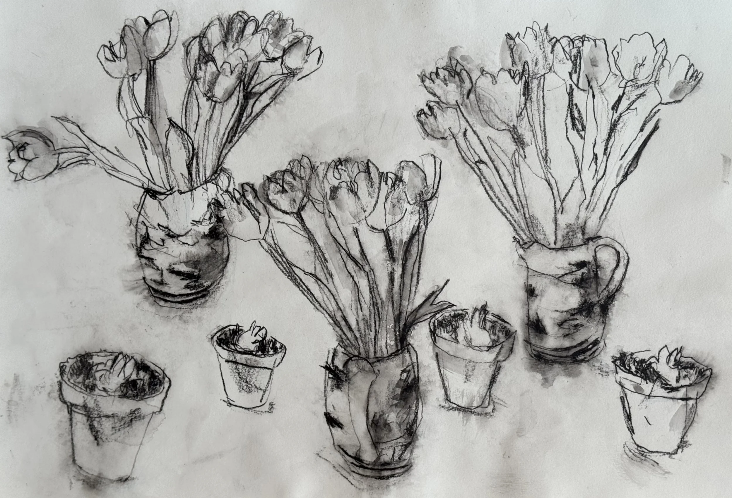 thre vases of tulips and four pots