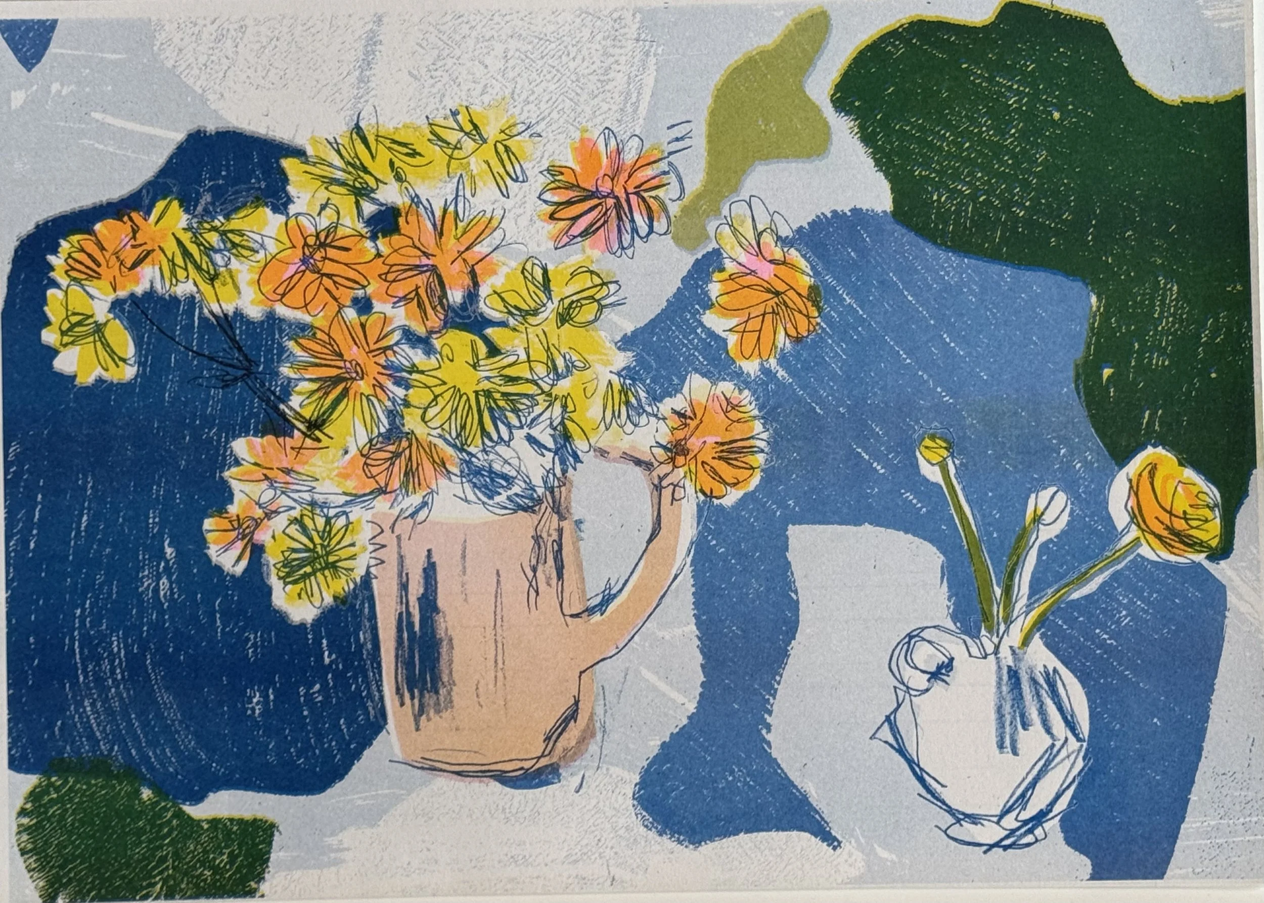 orange and pink flowers upon textile (after Bernat)