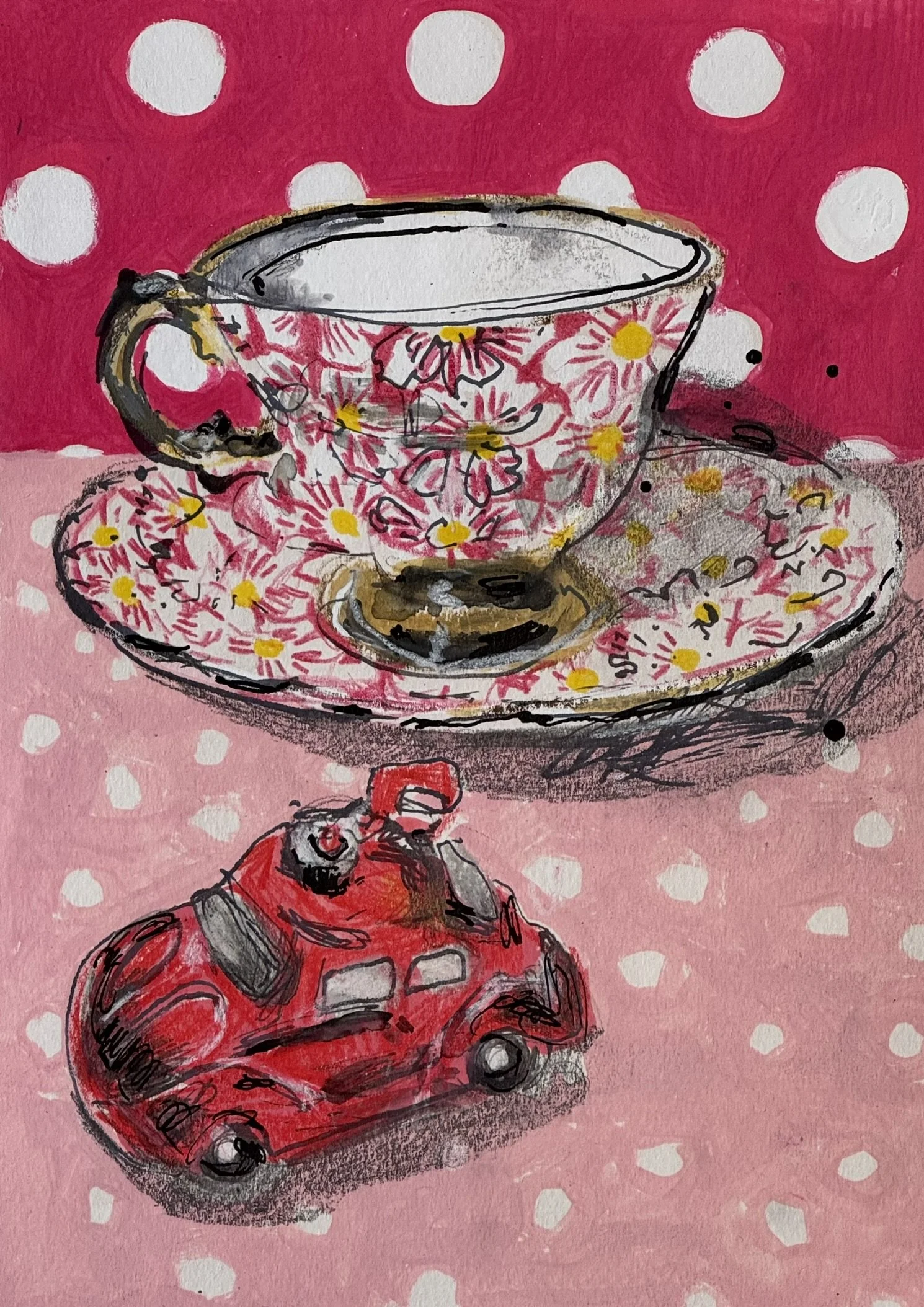 Santas car, patternerned cup and fabric
