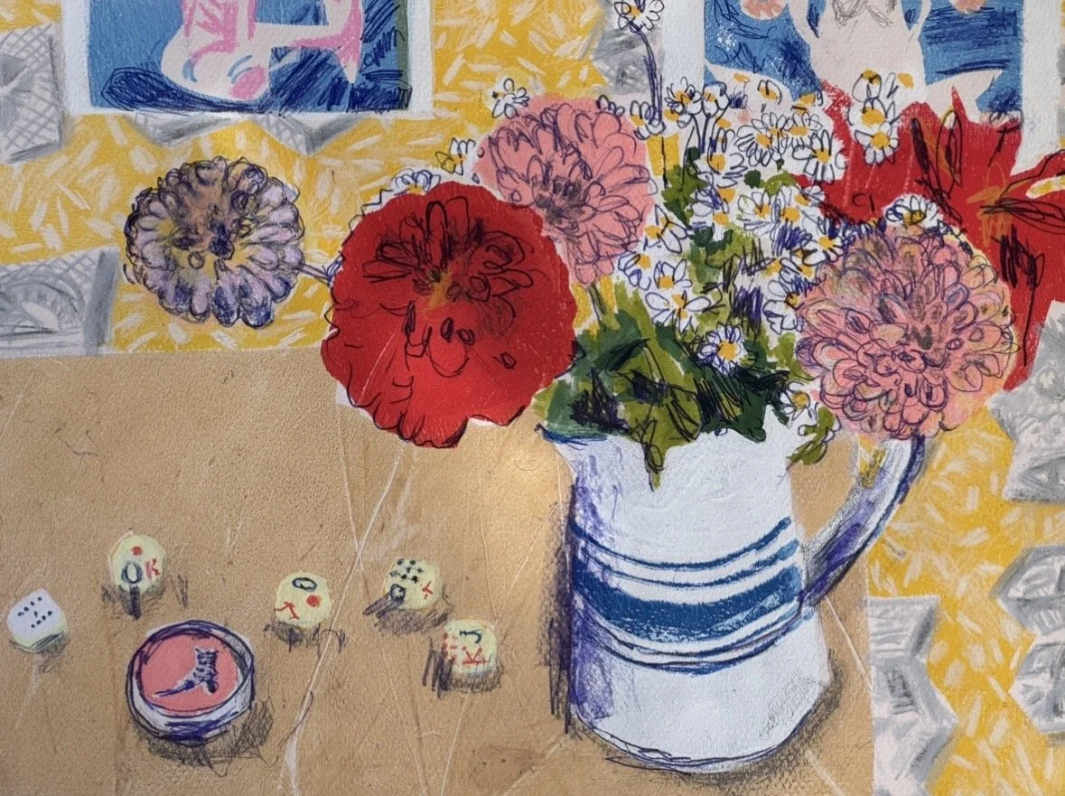 Dahlias and vintage dice from Barcelona