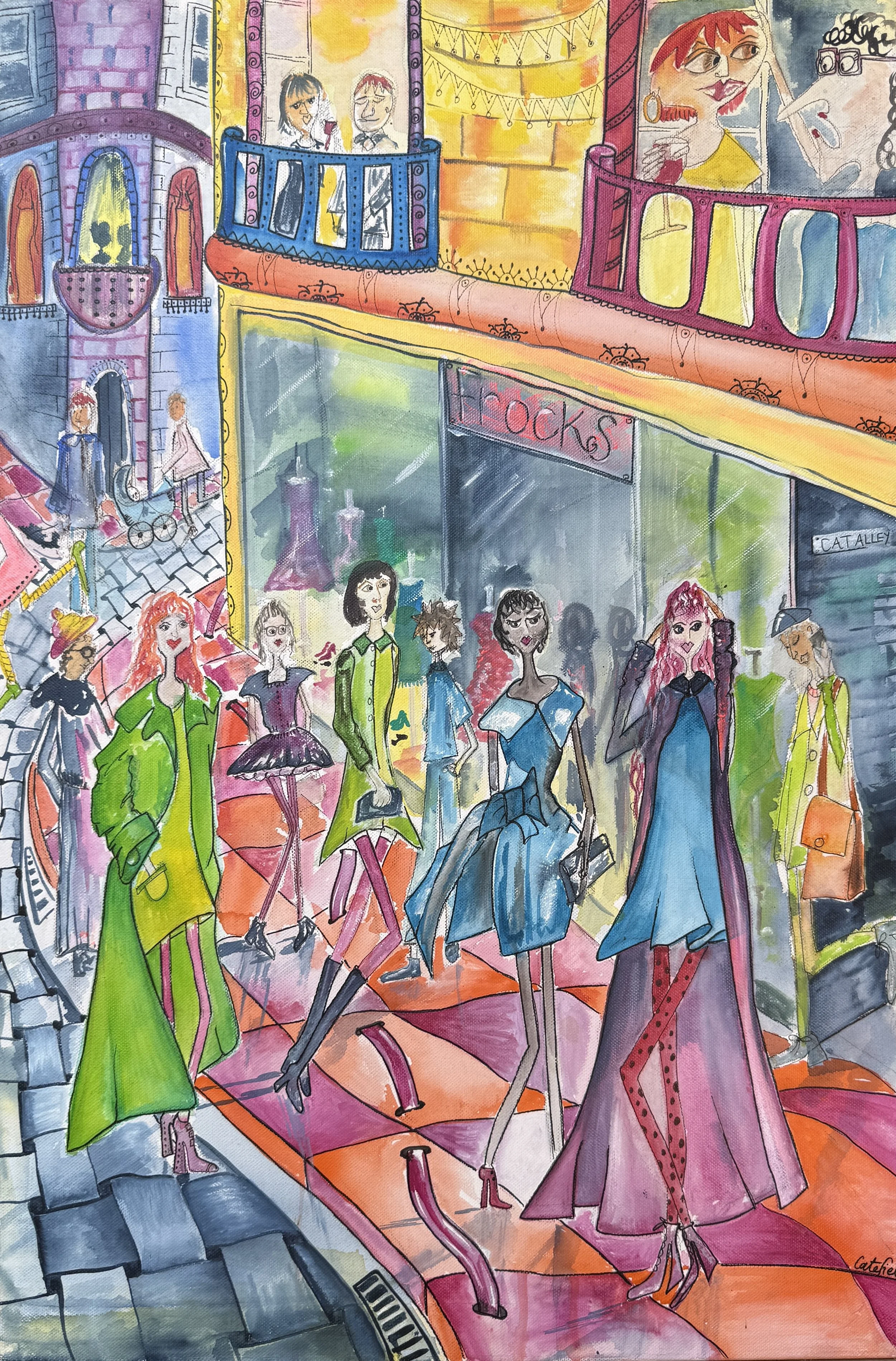 Colourful narrative painting titled The Frock Shop by Cate Field