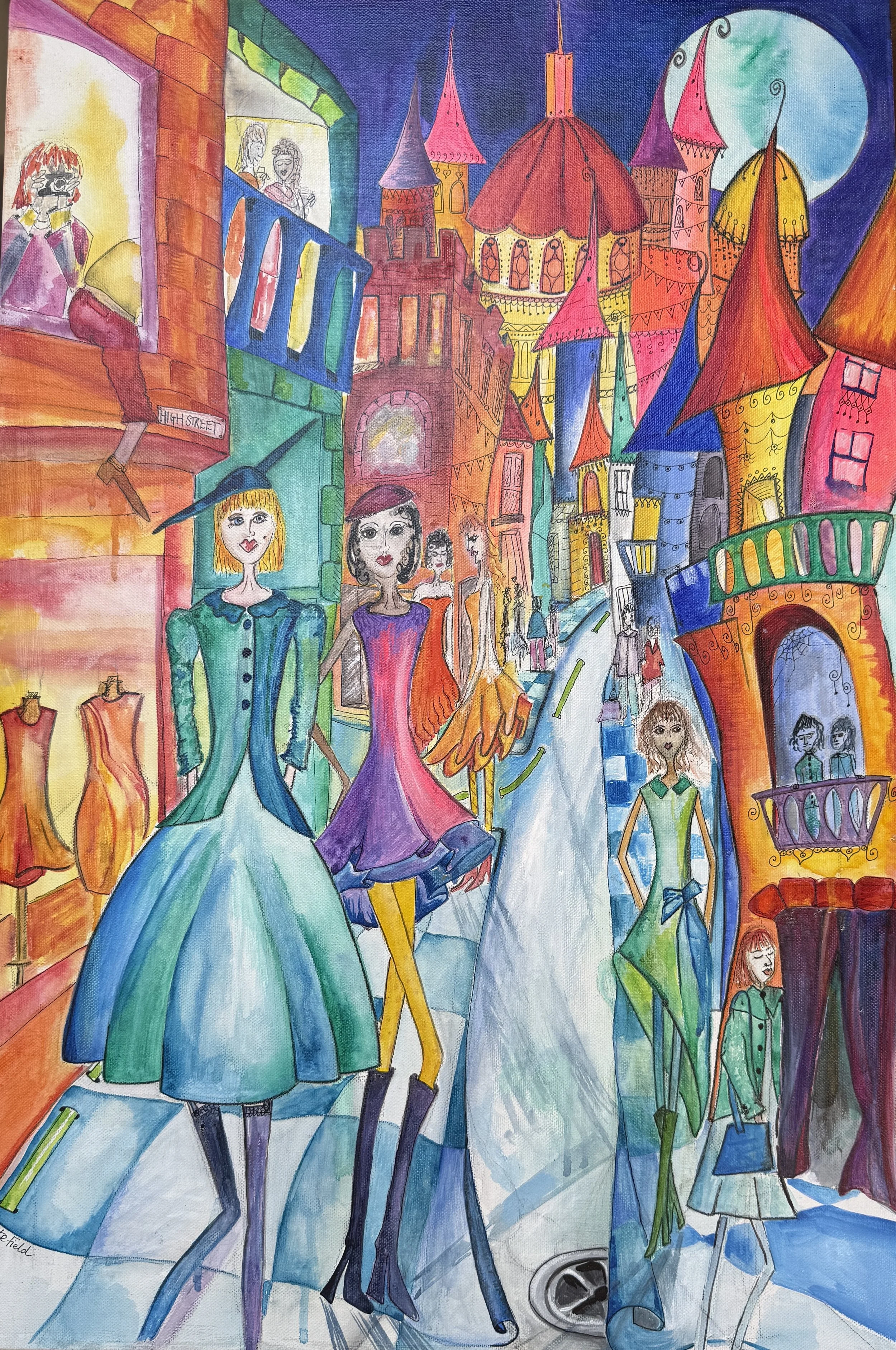 Colourful narrative street painting titled Cat Walk High Street by Cate Field