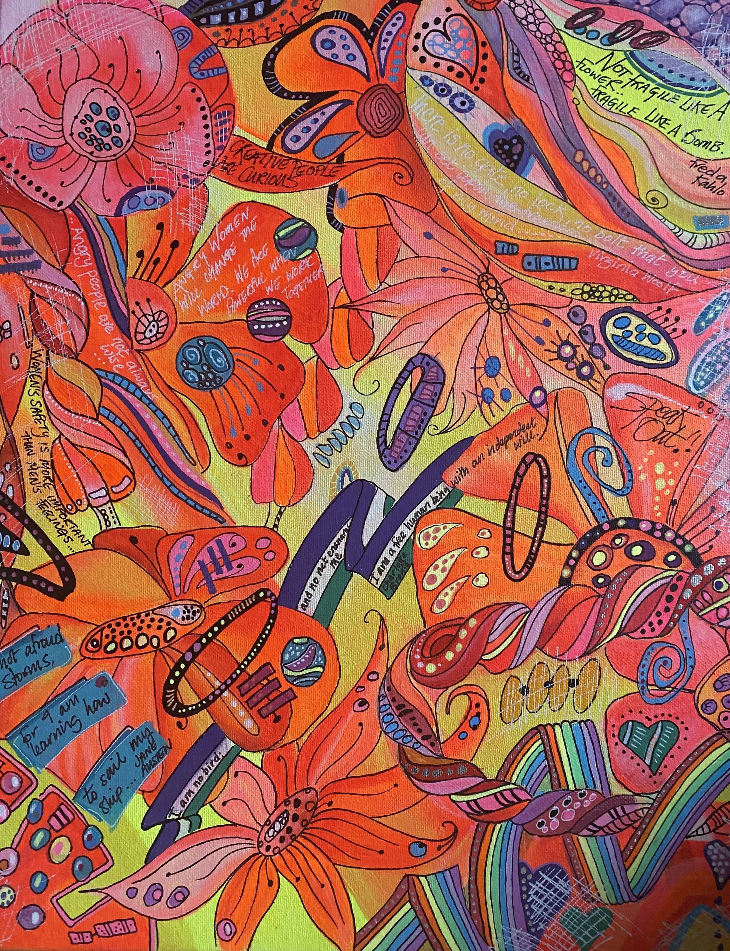 Vibrant orange mixed-media floral painting titled Festival Joy by Cate Field