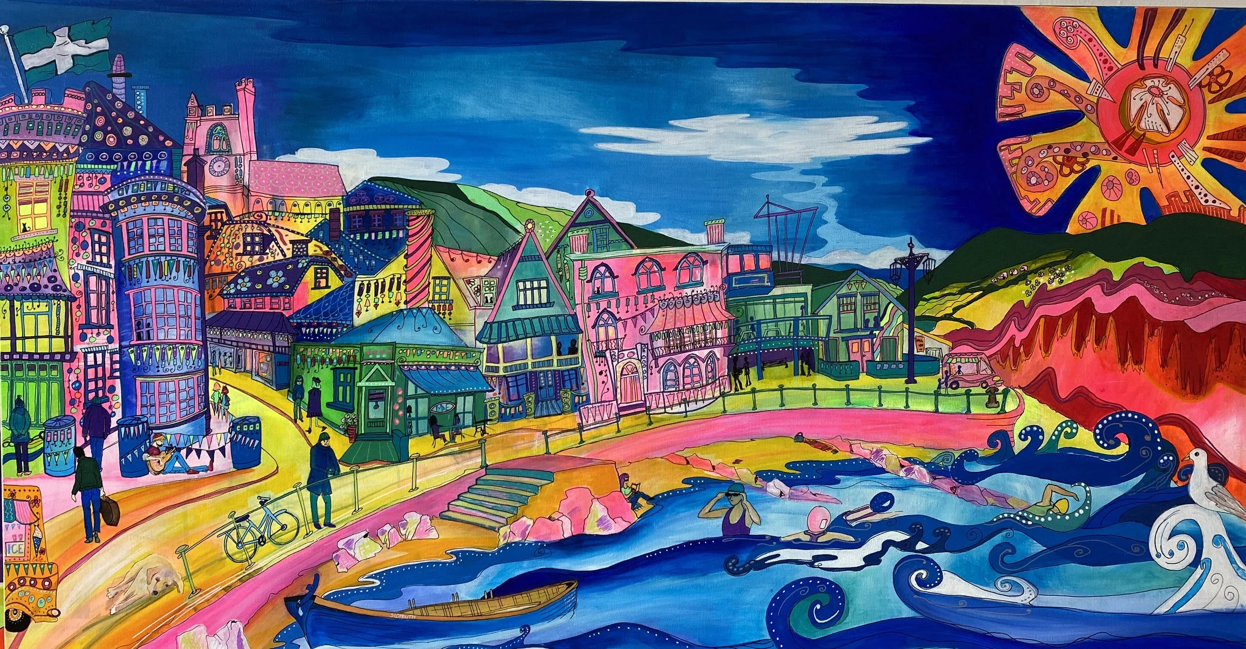 Colourful panoramic painting of Sidmouth seafront and coastline by Cate Field