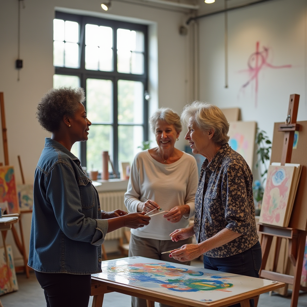 A group of older women are enjoying an art class