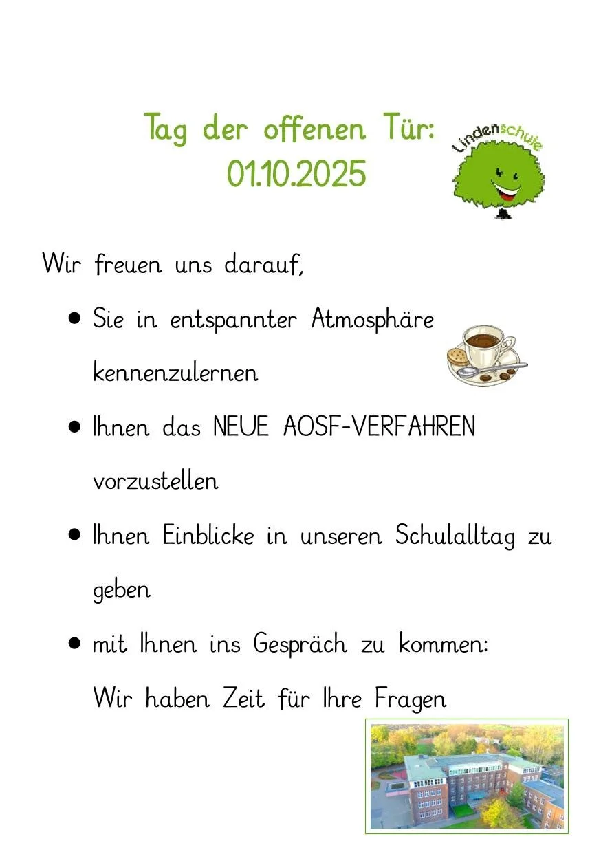 Einladung zum Tag der offenen Tür an der Lindenschule