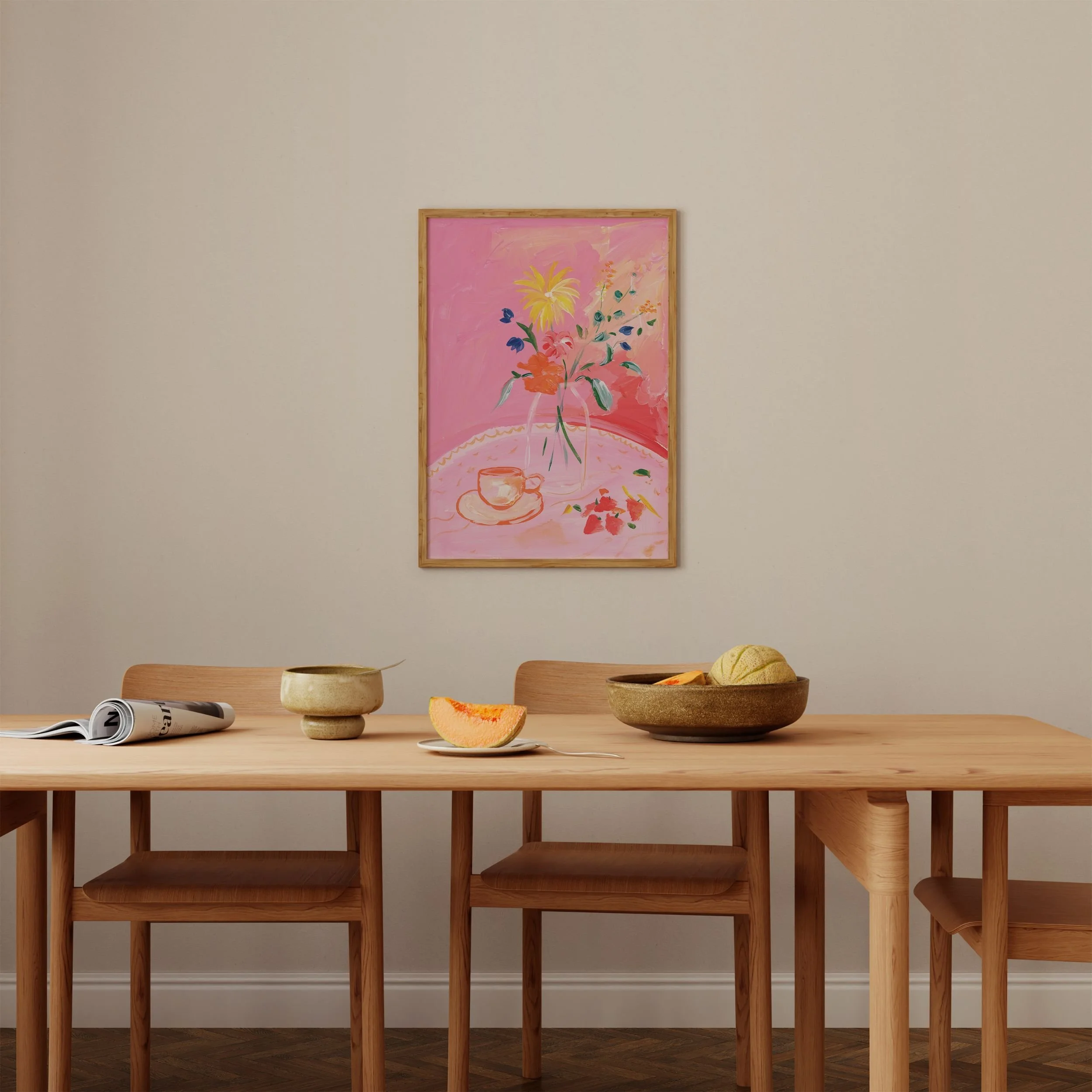 Sweet Like Strawberries wall art hung in the living room above a wooden dining table