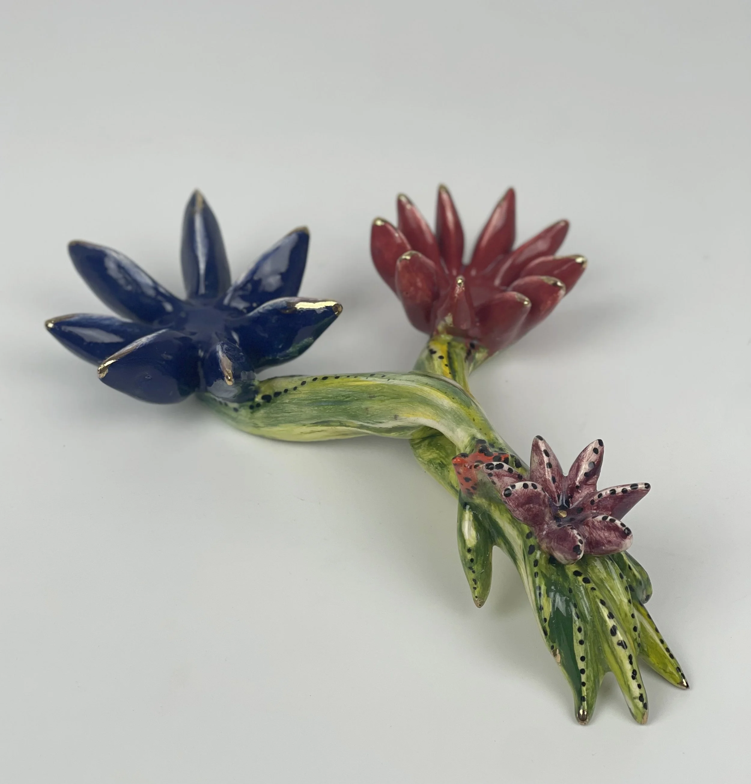 Hand-Built  Decorative Flowered Candlestick with Gold Lustre Glaze | Approximate Dimensions 8"L x 5D" x 3"H - $150