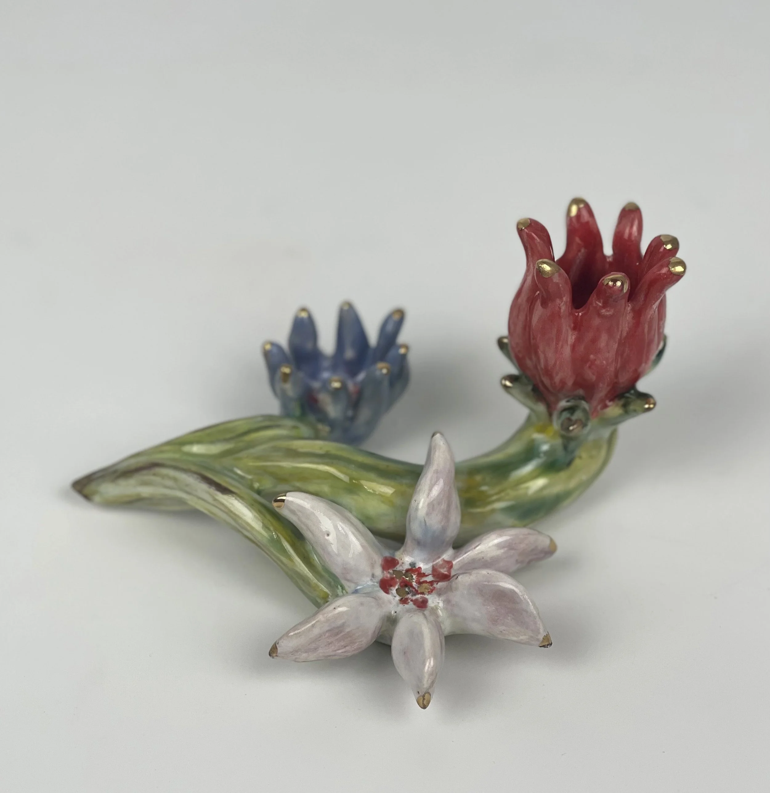 Hand-Built  Decorative Flowered Candlestick with Gold Lustre Glaze | Approximate Dimensions 8"L x 5D" x 3"H - $150