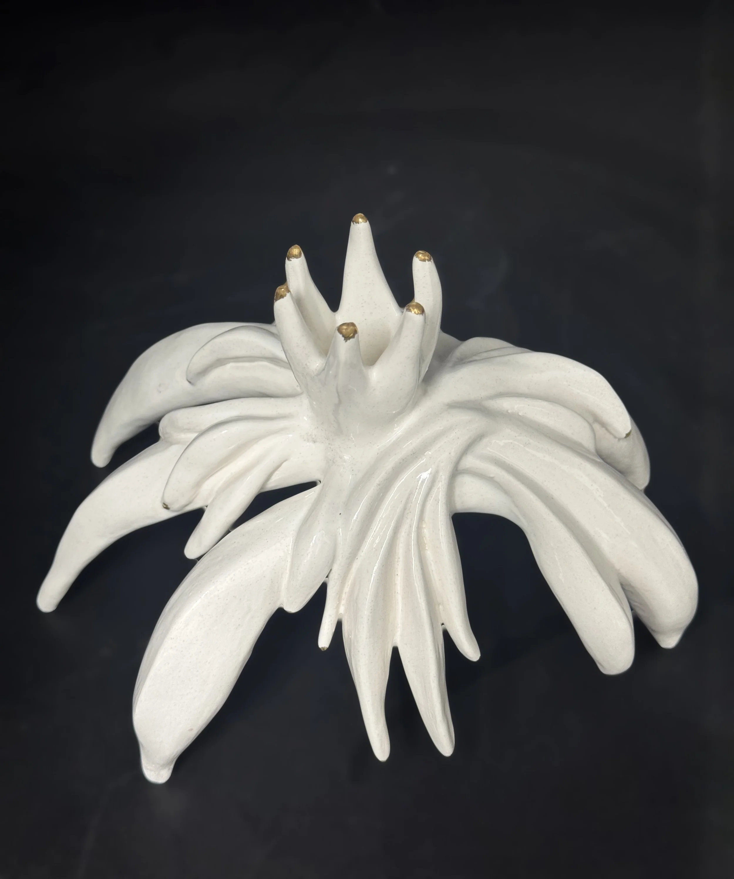 Hand-Built Decorative Flowered Candlestick, Porcelain with Gold Lustre Glaze | Approximate Dimensions 8"L x 5D" x 3"H - $170