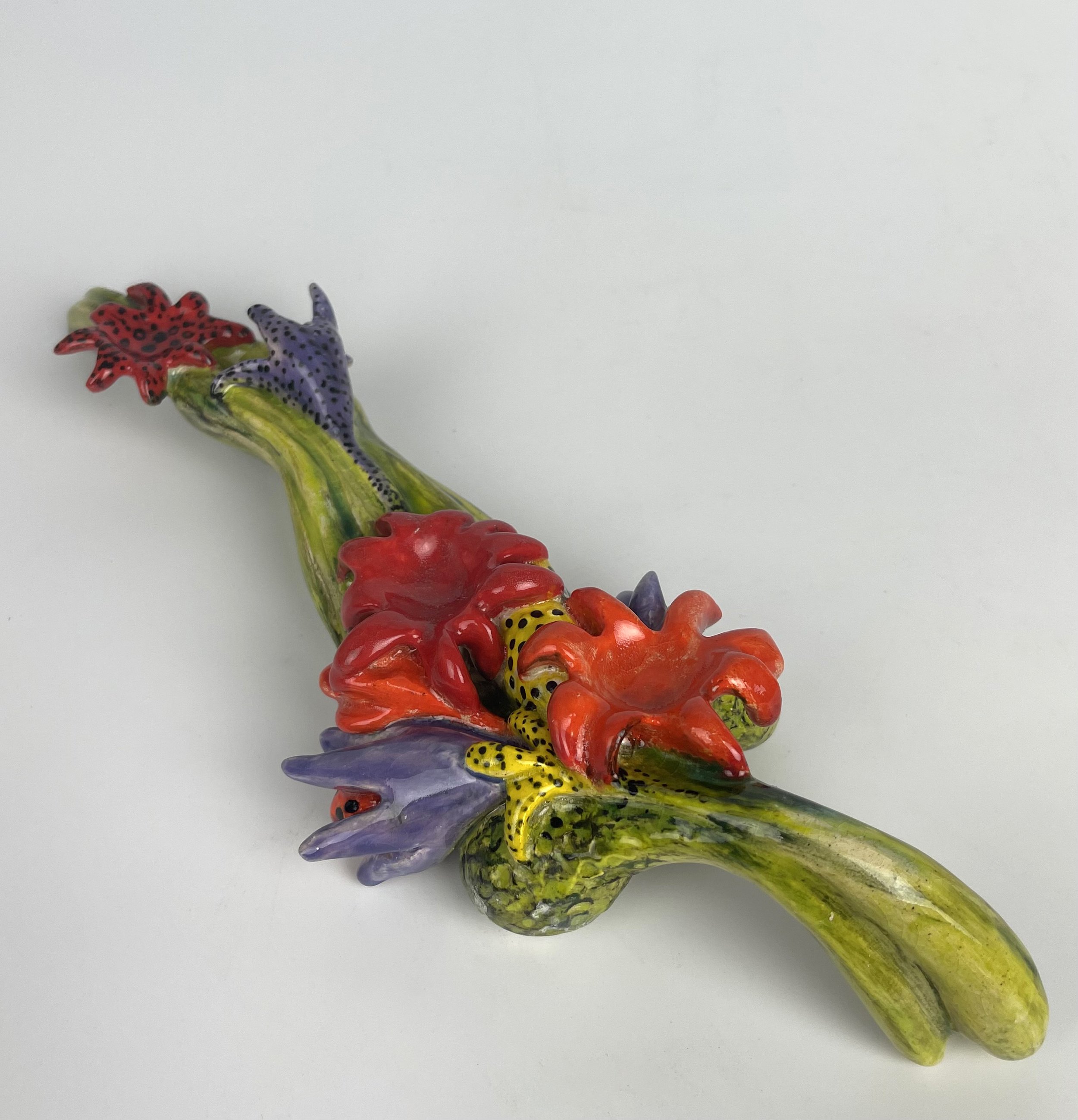 Hand-Built Decorative Flowered Candlestick with Gold Lustre Glaze | Approximate Dimensions 8"L x 5D" x 3"H - $150